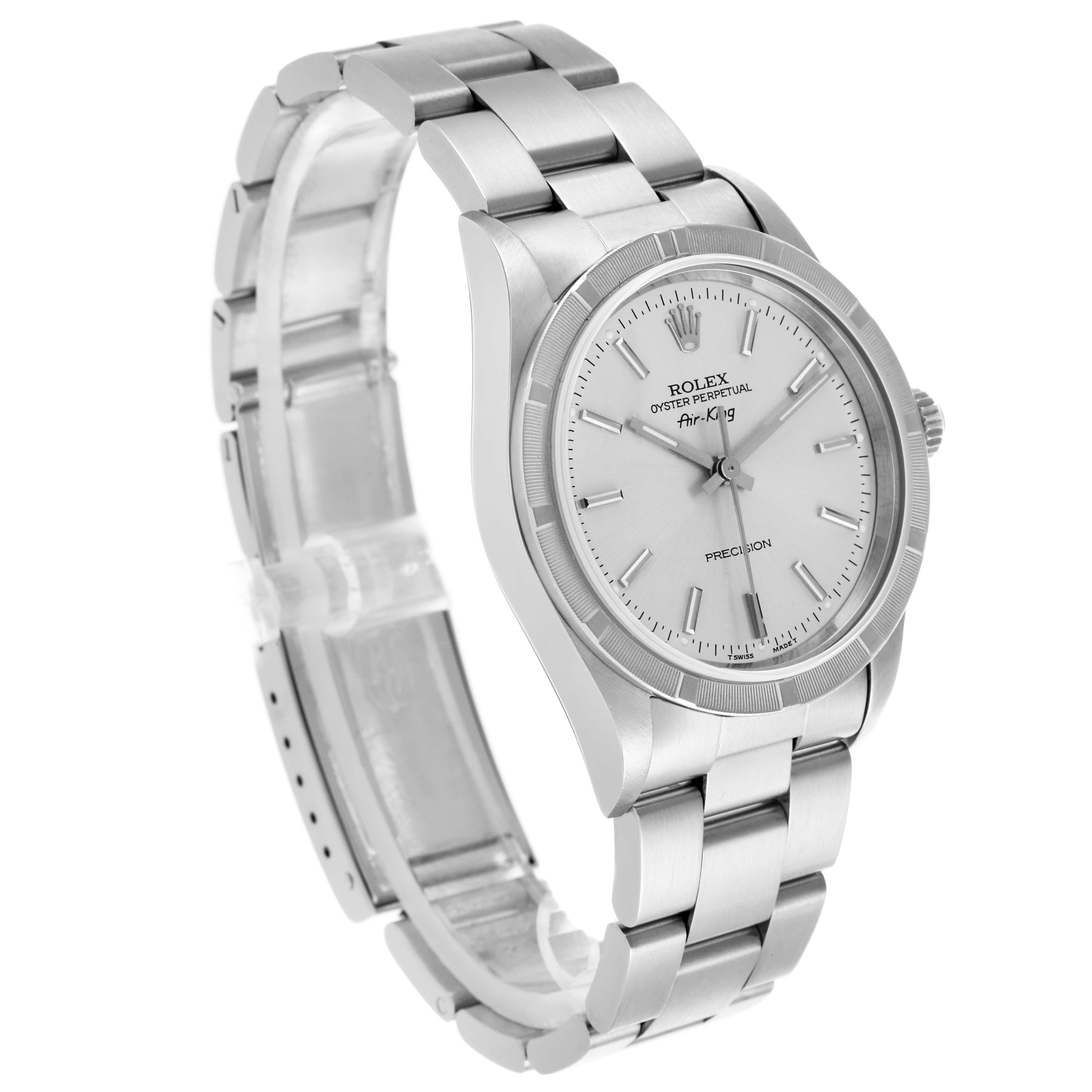 The Rolex Air-King 14010 Men's Stainless Steel Silver Dial 14010 Men's Stainless Steel Silver Dial watch is shown at a three-quarter angle, displaying the face, bezel, and bracelet.