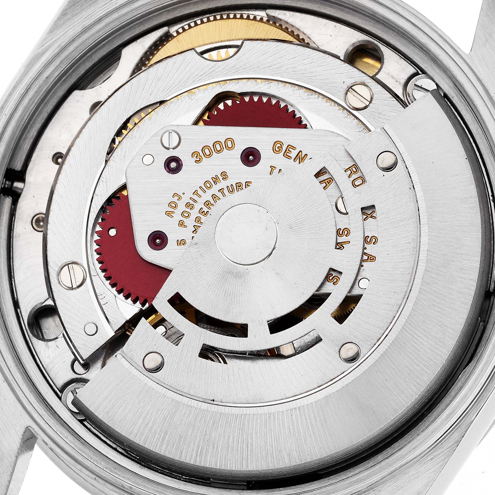 The image shows the movement and mechanism of a Rolex Air-King 14010 Men's Stainless Steel Silver Dial 14010 Men's Stainless Steel Silver Dial watch viewed from the back.