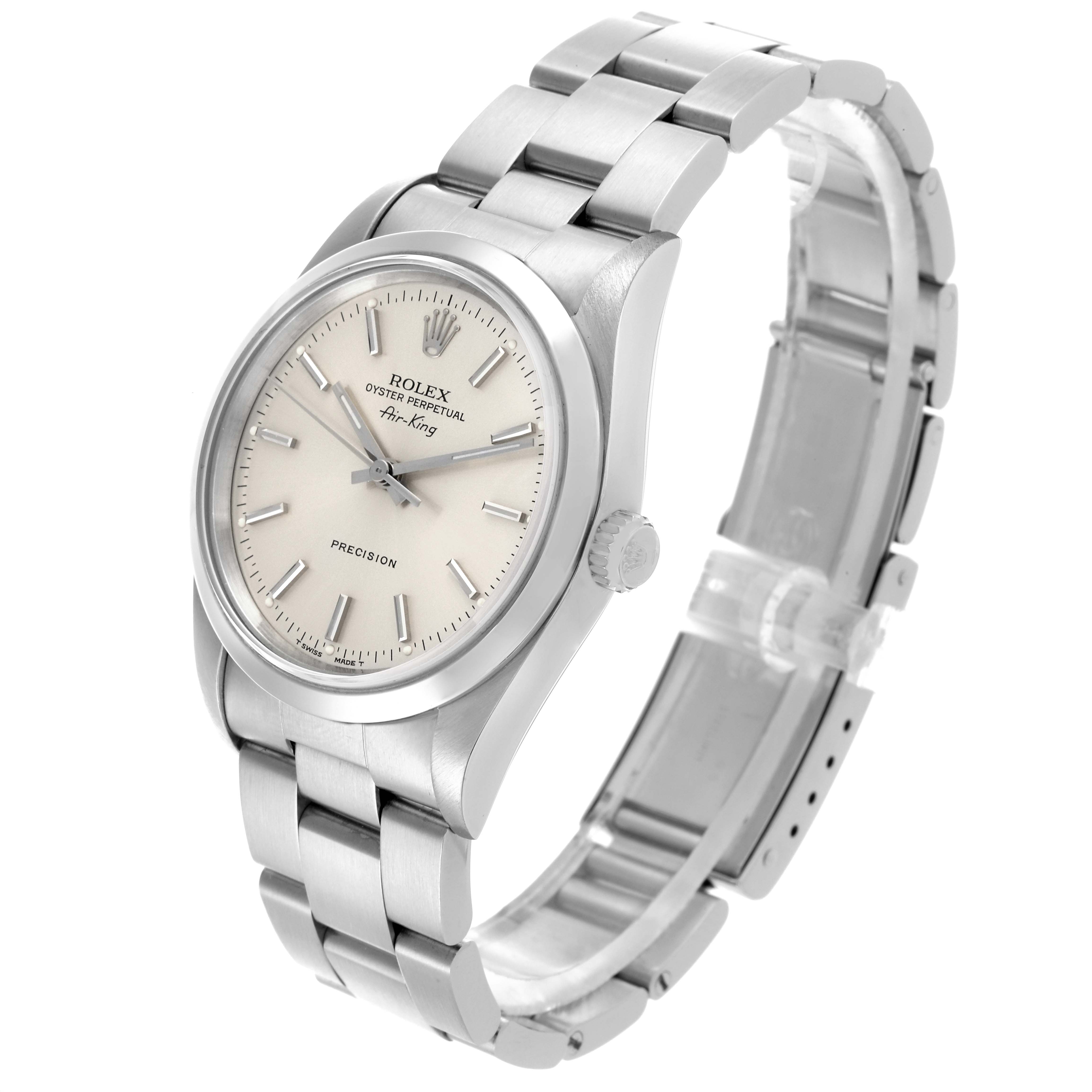 The Rolex Air-King 14000 Men's Stainless Steel Silver Dial 14000 Men's Stainless Steel Silver Dial watch is shown at an angled view, displaying the face, case, crown, and bracelet.
