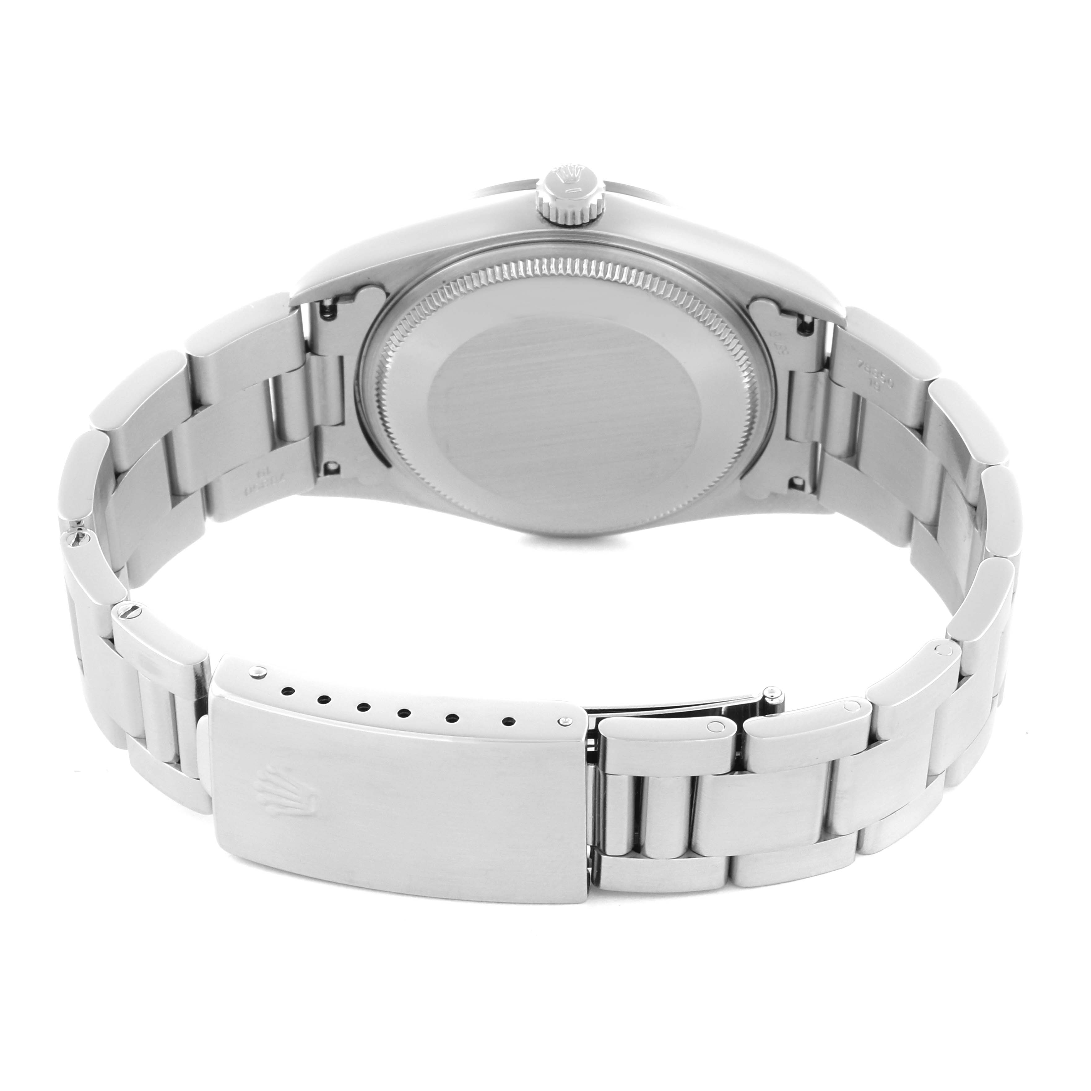 The image shows the back and bracelet of a Rolex Air-King 14000 Men's Stainless Steel Silver Dial 14000 Men's Stainless Steel Silver Dial watch, highlighting the clasp and case back.