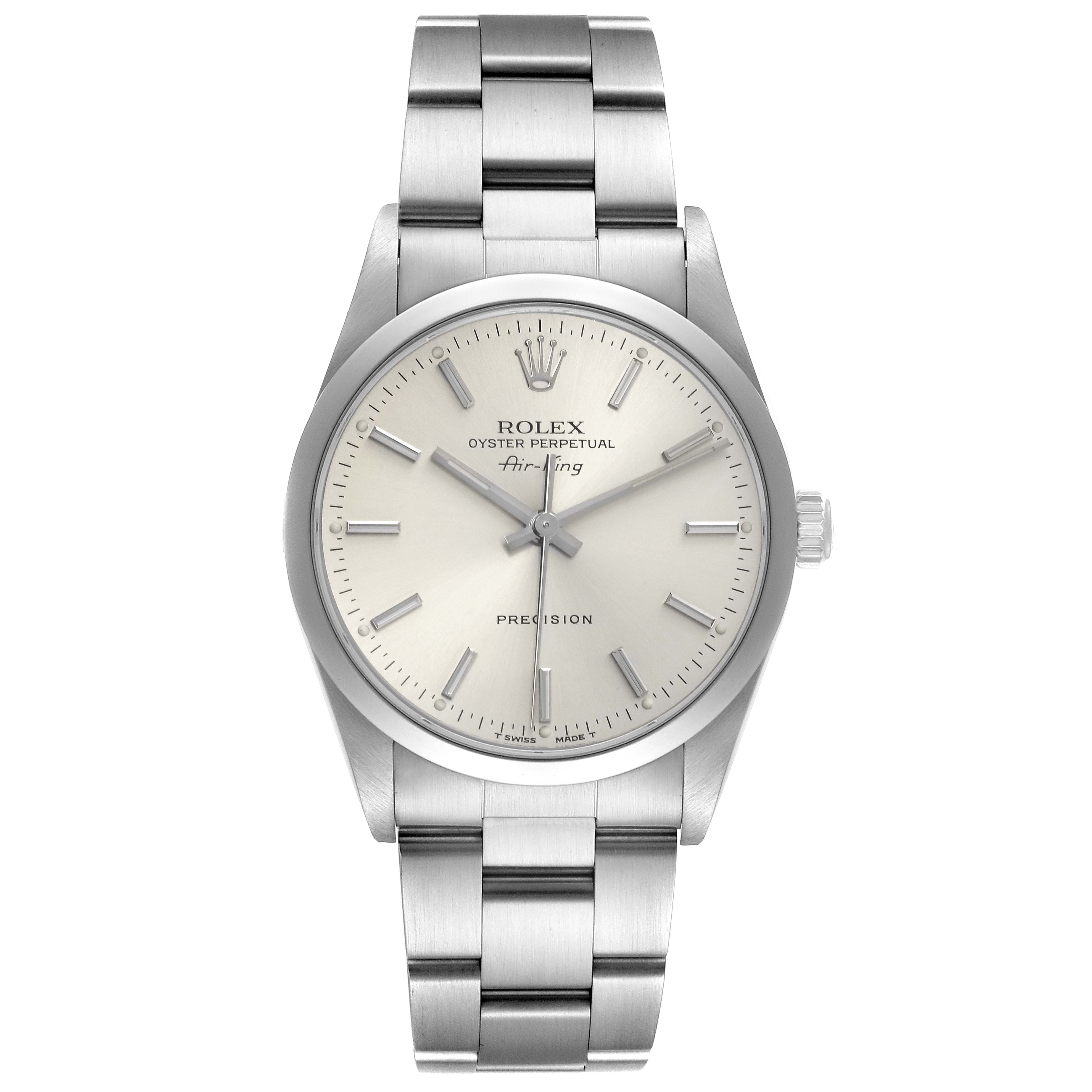 The Rolex Air-King 14000 Men's Stainless Steel Silver Dial 14000 Men's Stainless Steel Silver Dial watch is shown from a frontal angle, displaying the dial, bracelet, and crown.