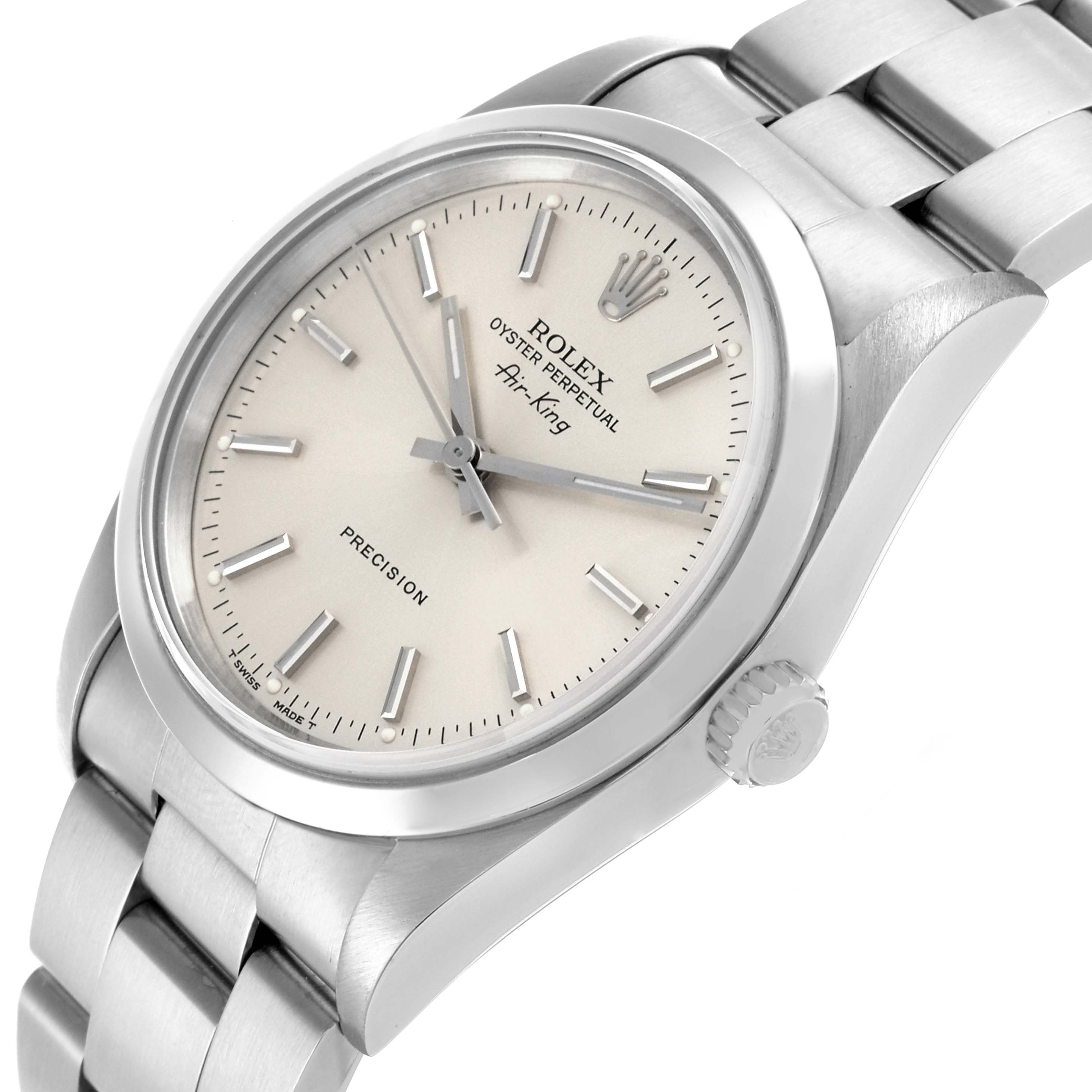 The Rolex Air-King 14000 Men's Stainless Steel Silver Dial 14000 Men's Stainless Steel Silver Dial watch is shown at an angled view, highlighting the dial, bracelet, and crown.