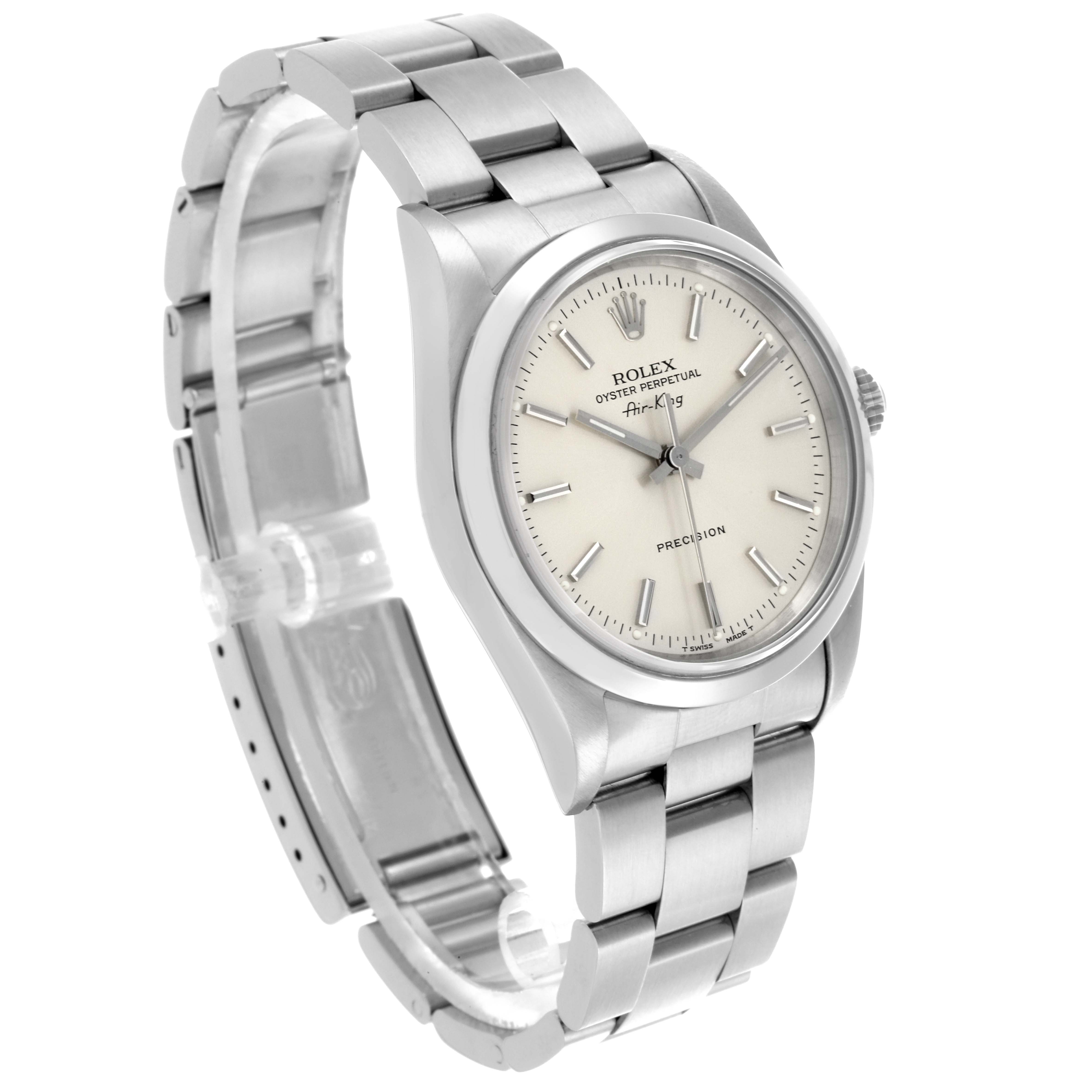 The Rolex Air-King 14000 Men's Stainless Steel Silver Dial 14000 Men's Stainless Steel Silver Dial watch is shown at an angled side view, displaying the dial, case, bracelet, and crown.