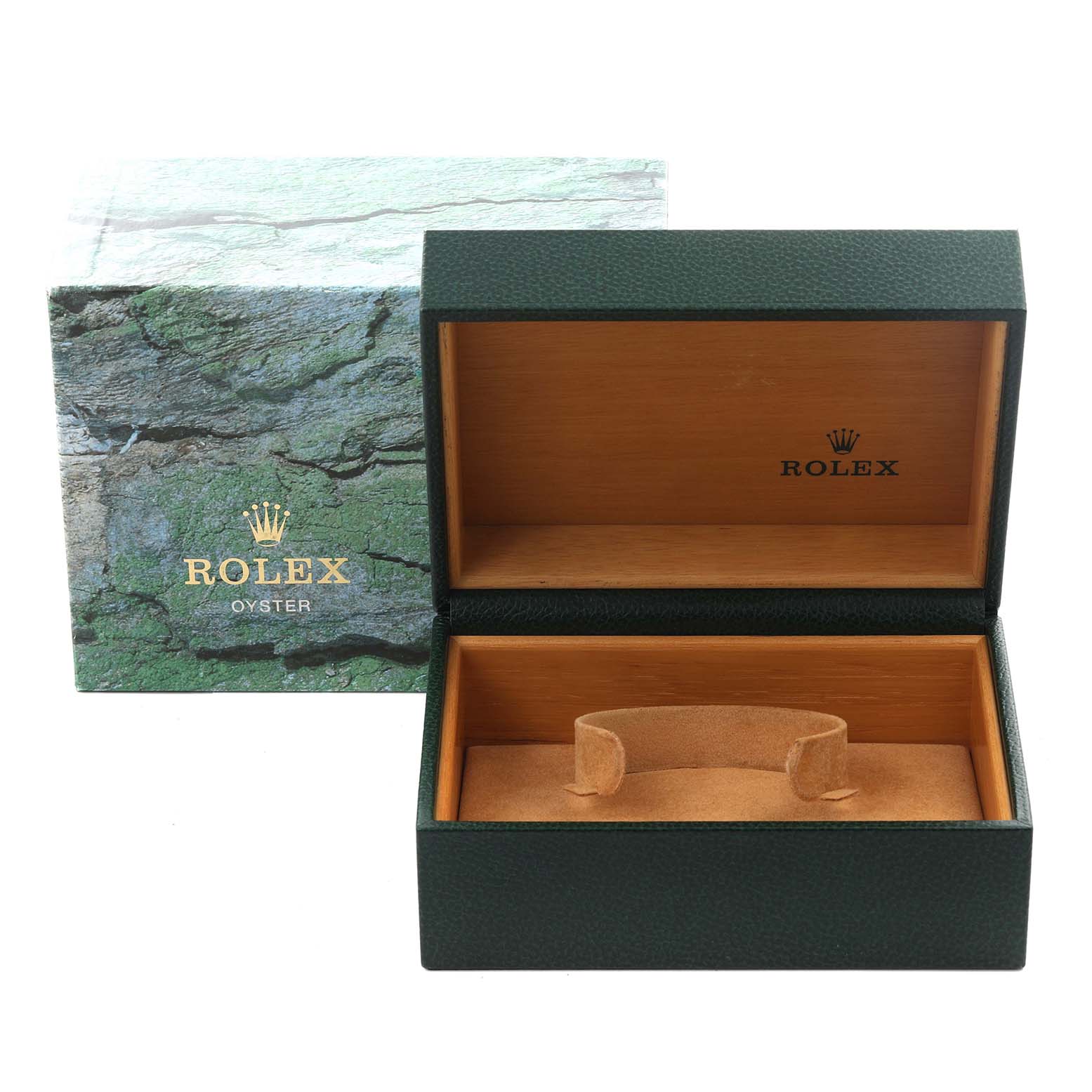 The image shows an open Rolex Air-King 14000 Men's Stainless Steel Silver Dial 14000 Men's Stainless Steel Silver Dial watch box at a front angle, displaying its interior and exterior designs.