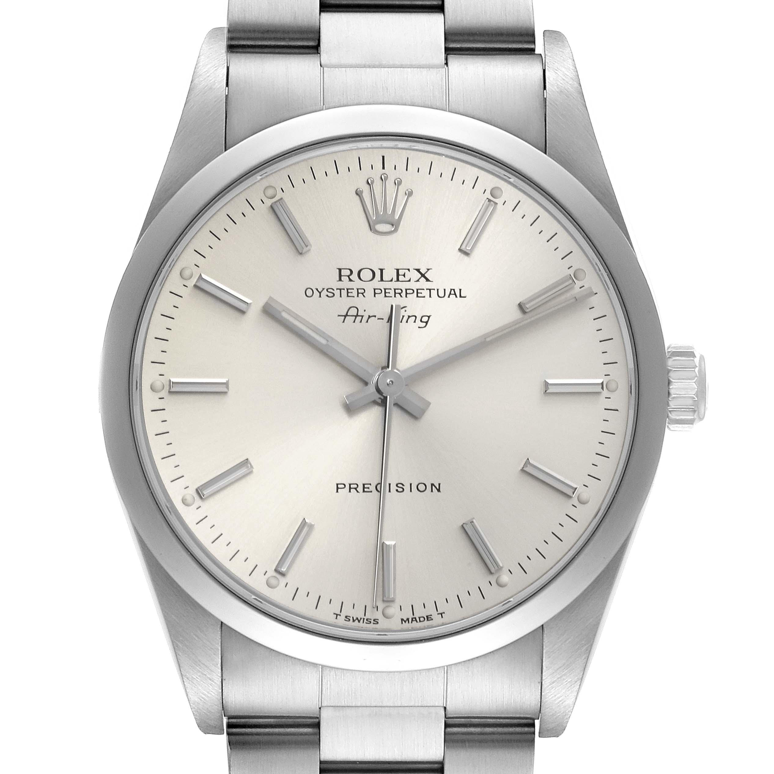 The Rolex Air-King 14000 Men's Stainless Steel Silver Dial 14000 Men's Stainless Steel Silver Dial watch is shown from the front, displaying the dial, crown, and part of the bracelet.