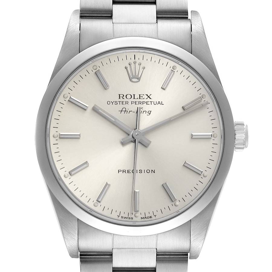 The Rolex Air-King watch is shown from the front, displaying the dial, crown, and part of the bracelet.