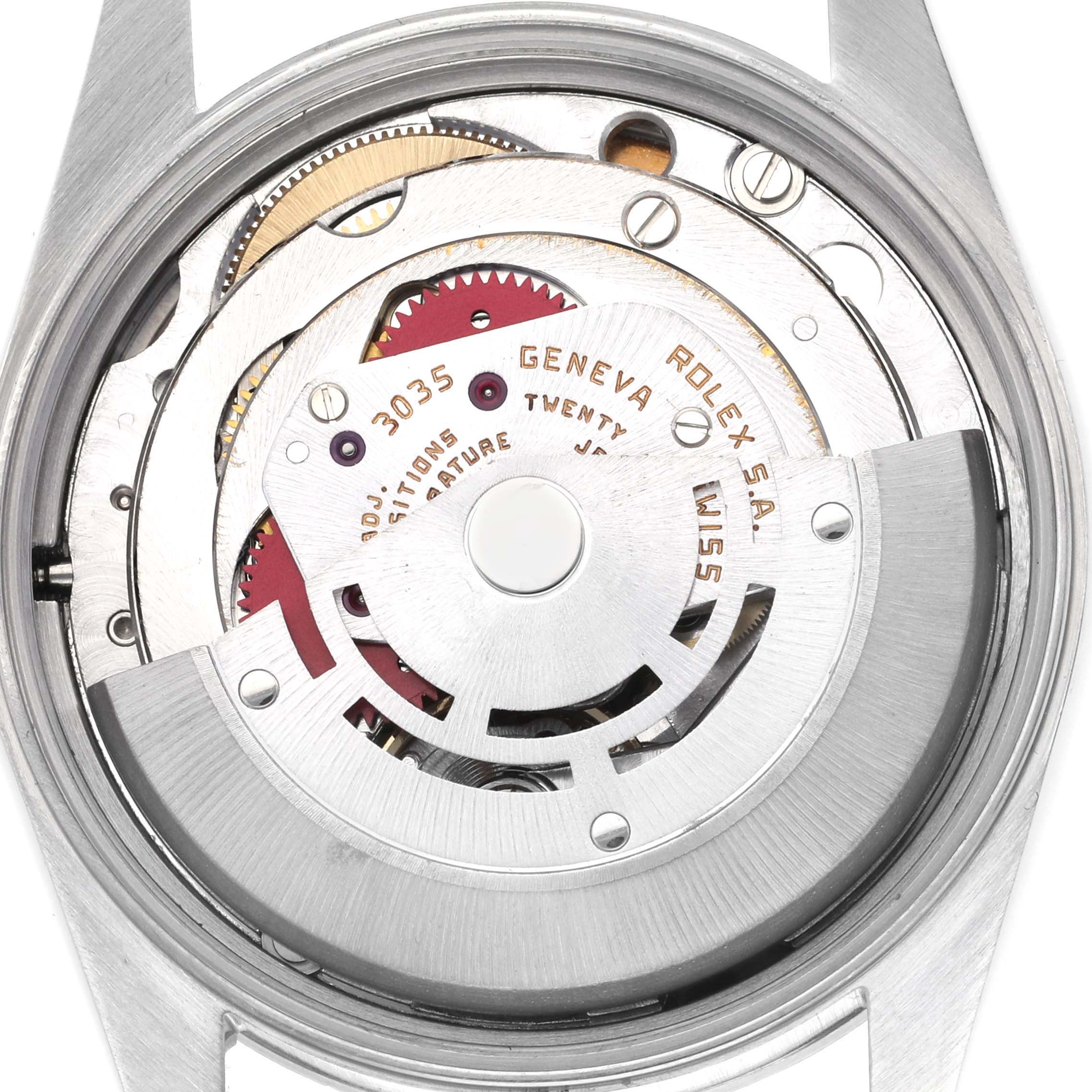 The image shows a close-up of the automatic movement mechanism of a Rolex Air-King 14000 Men's Stainless Steel Silver Dial 14000 Men's Stainless Steel Silver Dial watch from the back.