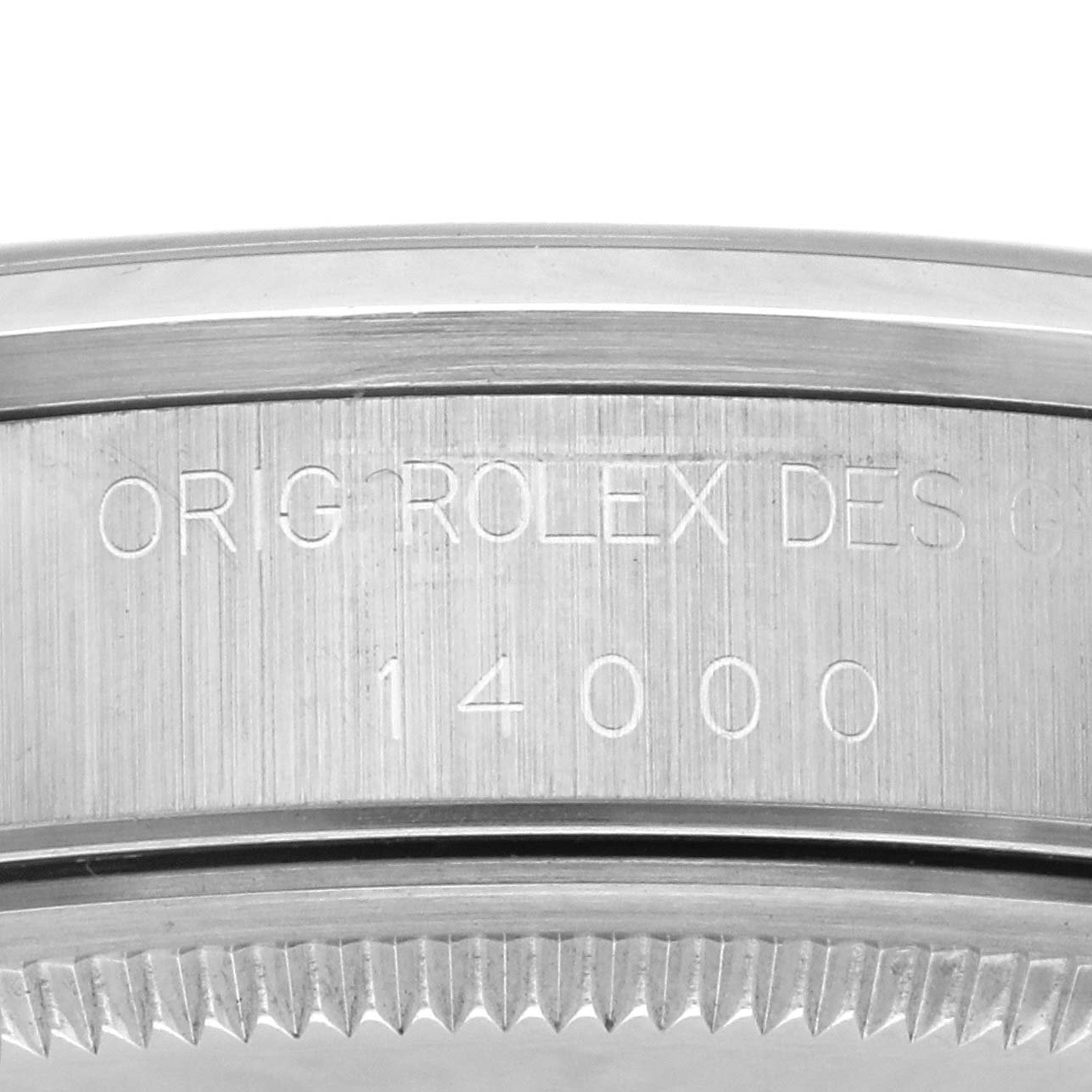 The image shows the side of a Rolex Air-King 14000 Men's Stainless Steel Silver Dial 14000 Men's Stainless Steel Silver Dial watch, highlighting the model number and bezel edge.