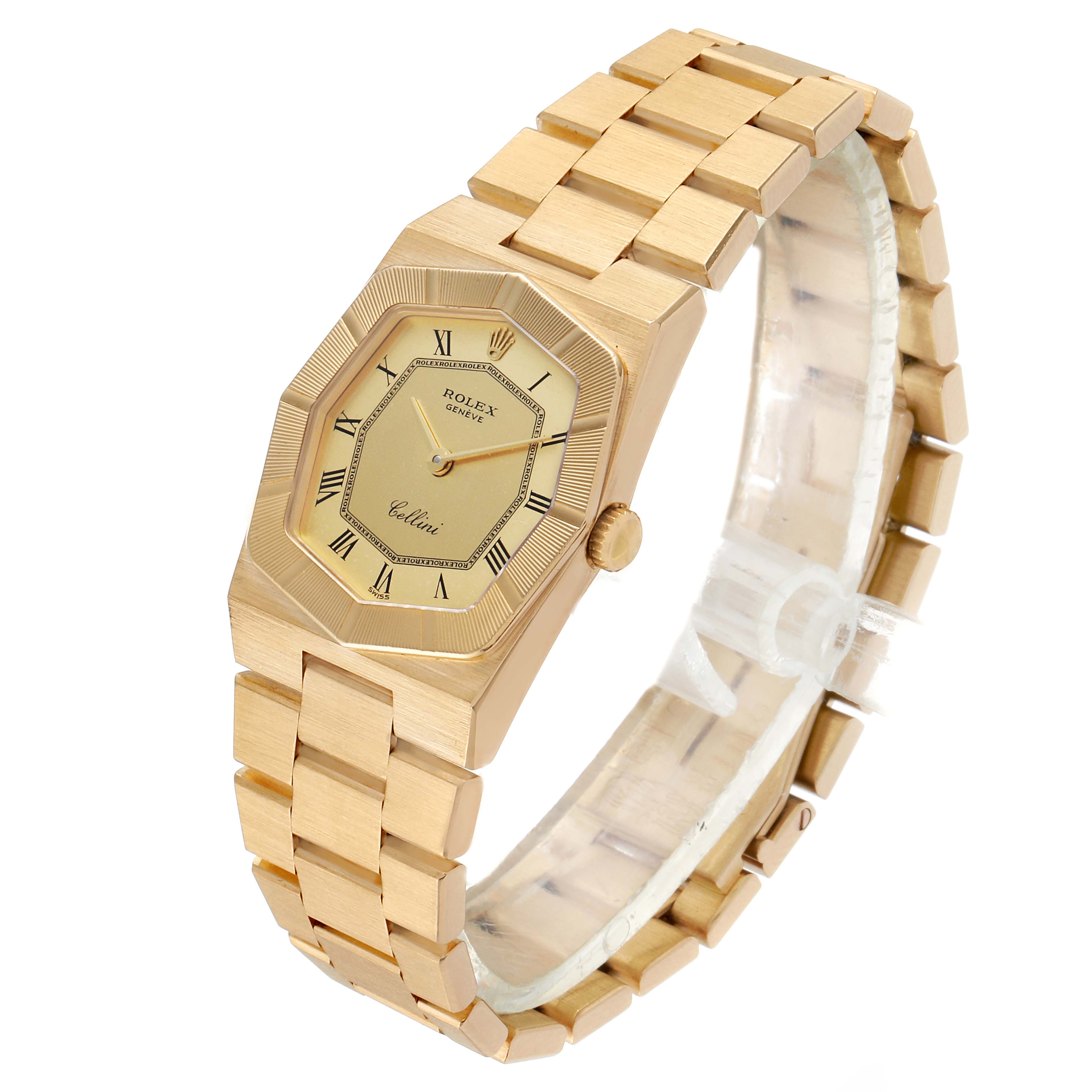 The image features a Rolex Cellini 4360 Women's Yellow Gold Champagne Dial 4360 Women's Yellow Gold Champagne Dial watch shown at a three-quarter angle, highlighting its gold band, dial, and octagonal bezel.