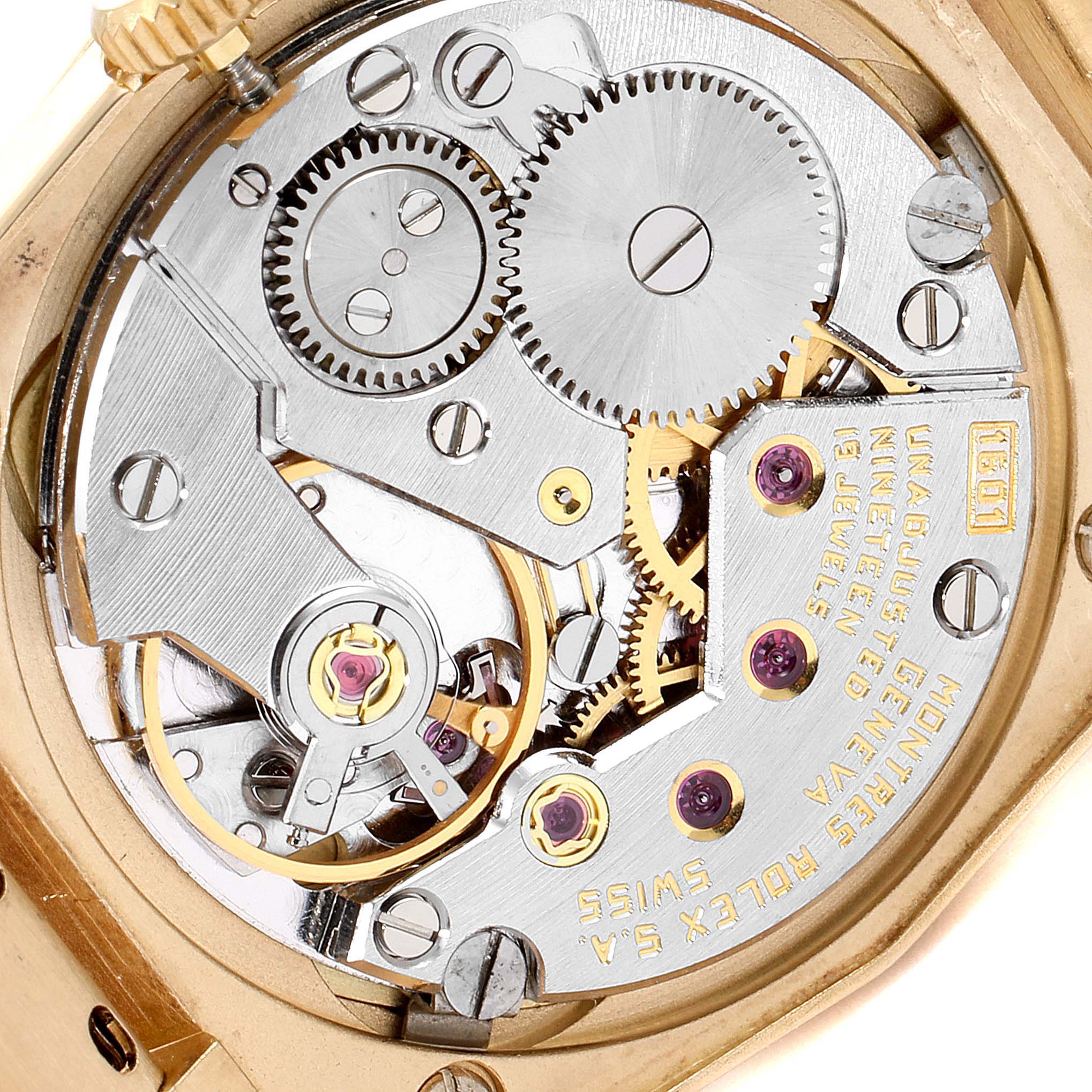 This image shows the intricate internal movement mechanism of a Rolex Cellini 4360 Women's Yellow Gold Champagne Dial 4360 Women's Yellow Gold Champagne Dial model watch from a top-down angle.