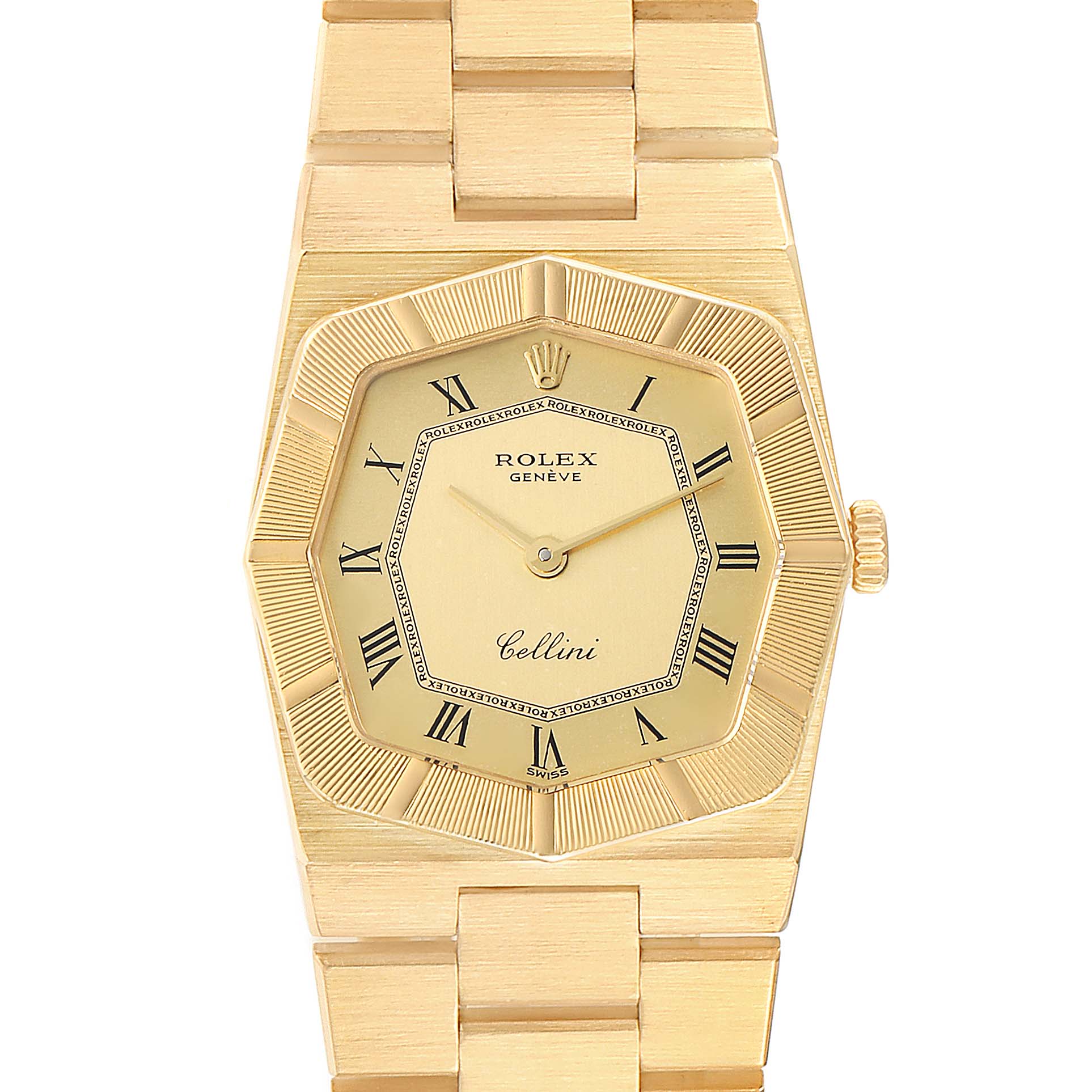 The Rolex Cellini 4360 Women's Yellow Gold Champagne Dial 4360 Women's Yellow Gold Champagne Dial watch is shown from the front, displaying the dial, bezel, and part of the bracelet.
