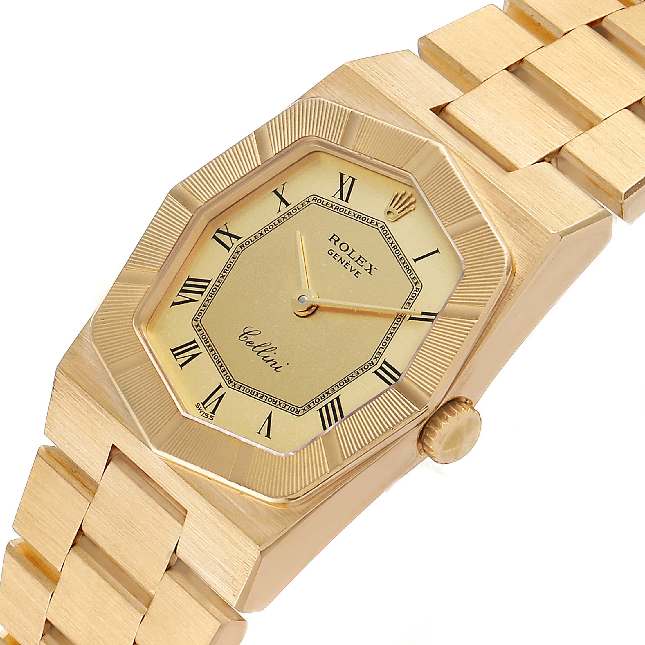 This is a close-up angle of the Rolex Cellini 4360 Women's Yellow Gold Champagne Dial 4360 Women's Yellow Gold Champagne Dial watch, displaying its dial and part of the bracelet.