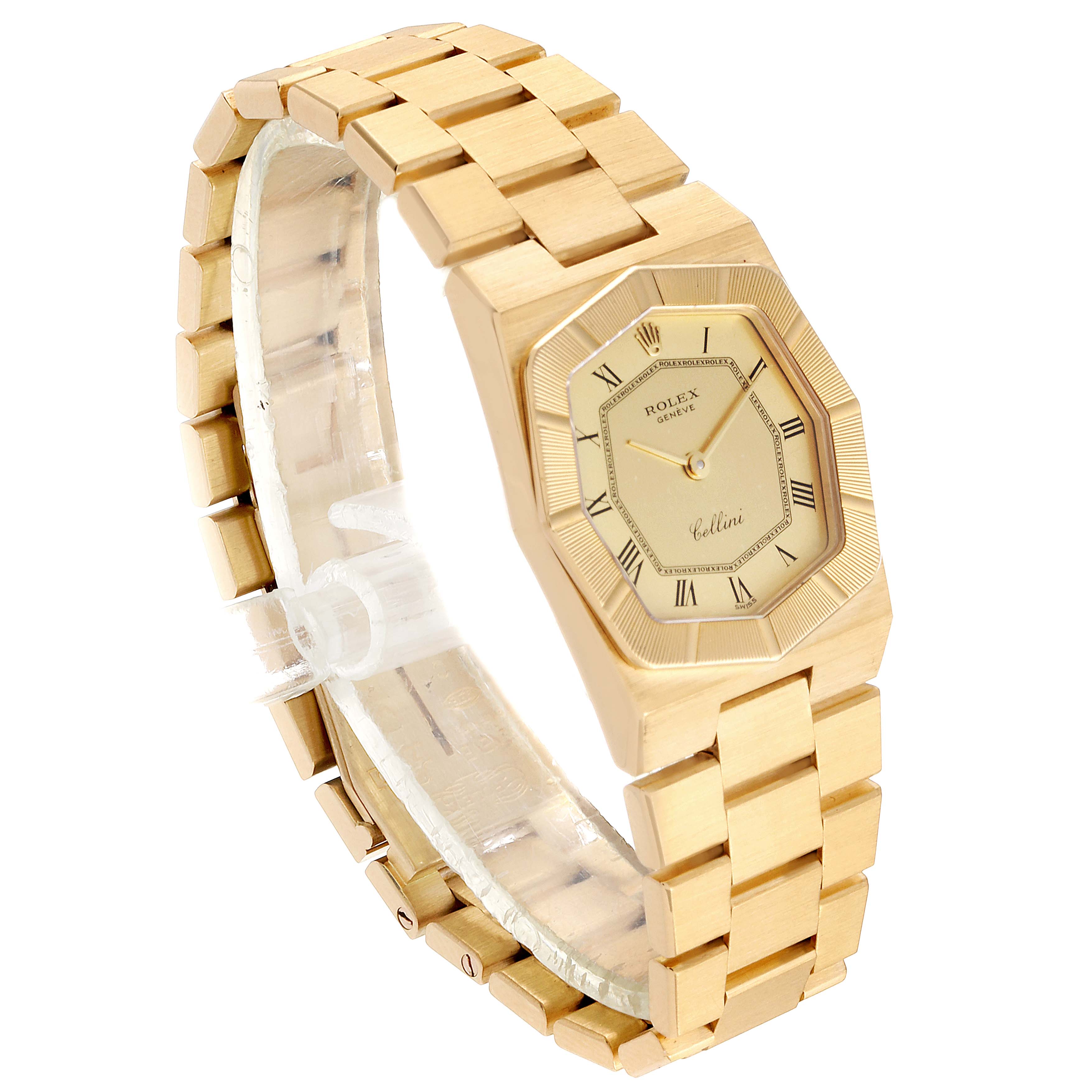 The Rolex Cellini 4360 Women's Yellow Gold Champagne Dial 4360 Women's Yellow Gold Champagne Dial watch is shown at an angled view, displaying its gold bracelet, octagonal case, and gold dial.