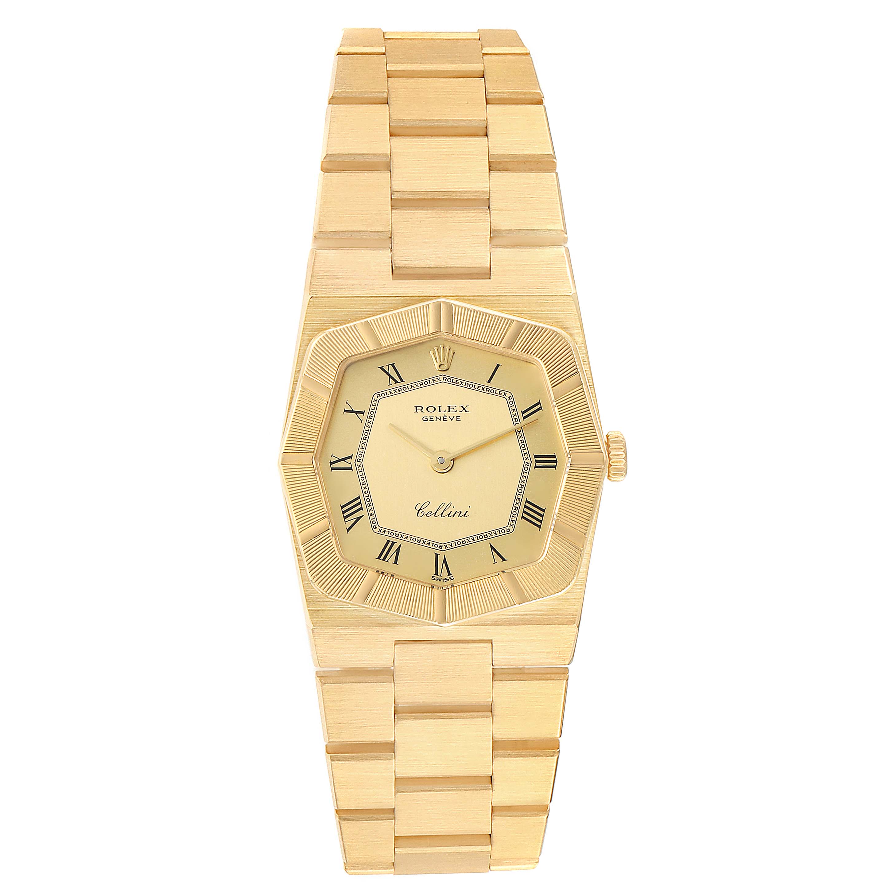 The image shows a Rolex Cellini 4360 Women's Yellow Gold Champagne Dial 4360 Women's Yellow Gold Champagne Dial watch from a top-down angle, highlighting the face, bezel, crown, and bracelet.