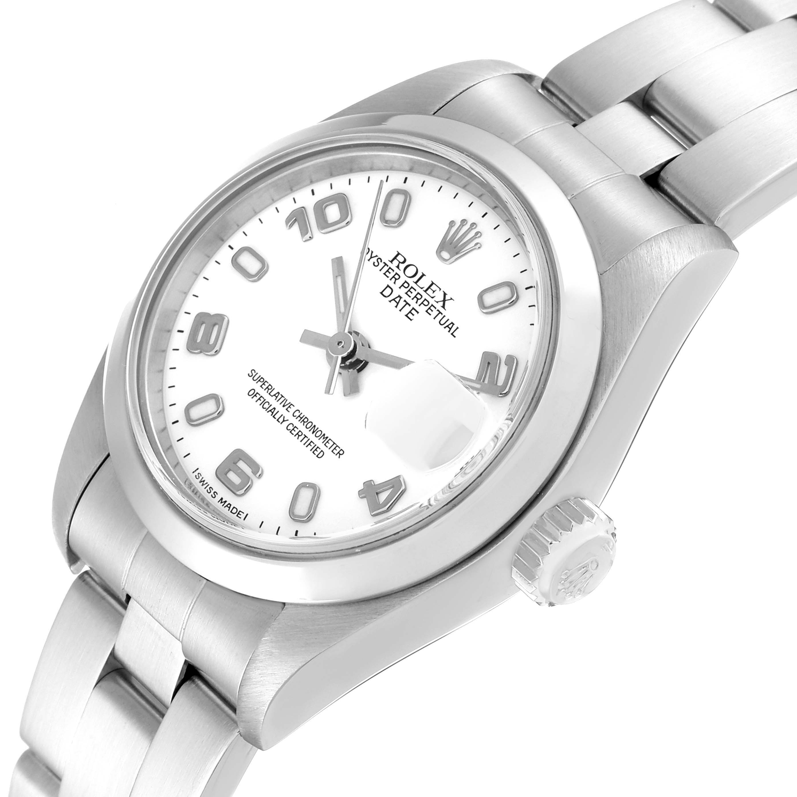 The image shows a Rolex Date 79160 Women
s Stainless Steel White Dial 79160 Women
s Stainless Steel White Dial model watch at an angled close-up, highlighting the dial, bezel, crown, and bracelet.