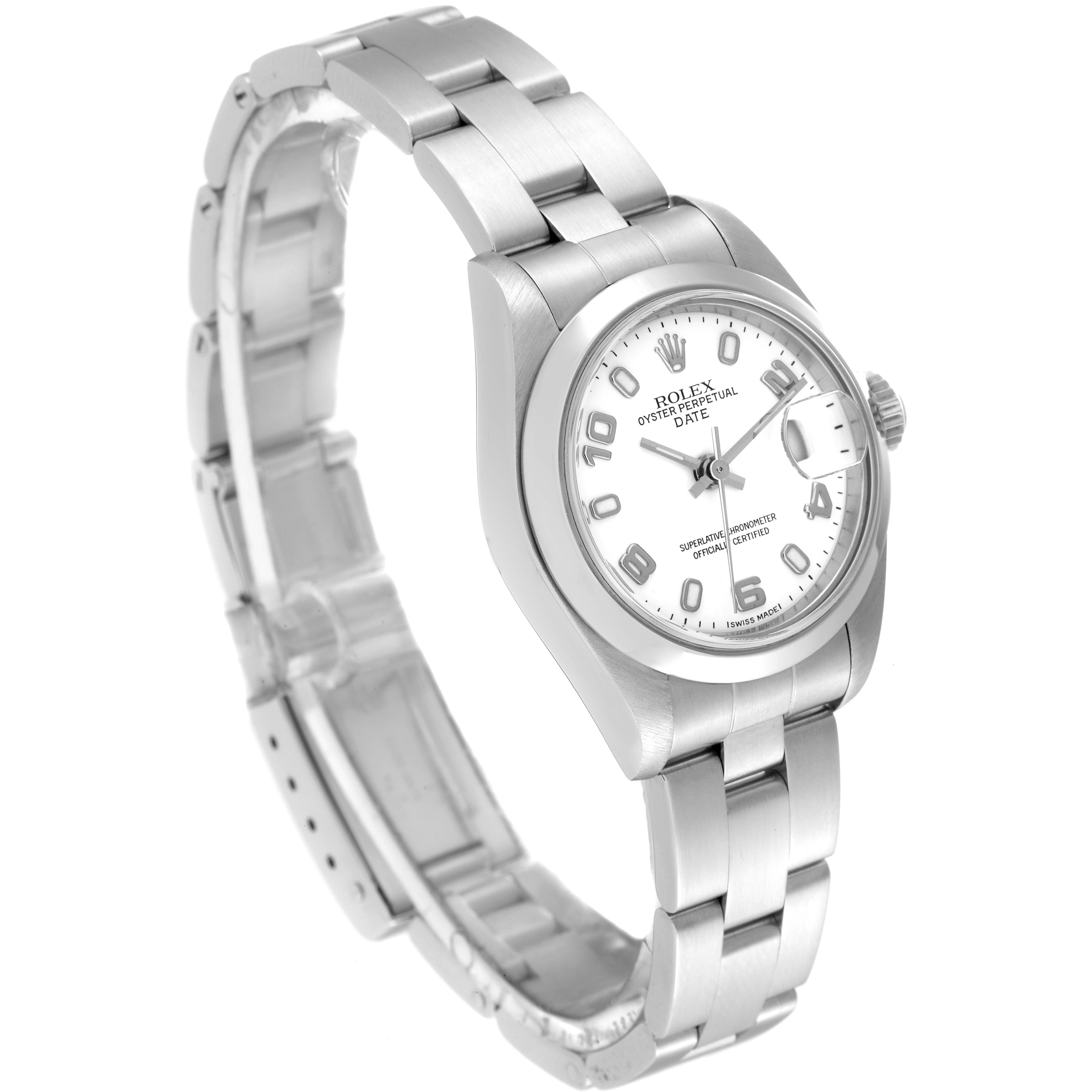 The image shows a Rolex Date 79160 Women
s Stainless Steel White Dial 79160 Women
s Stainless Steel White Dial model watch angled from the front-left, displaying the dial, bezel, case, and bracelet.