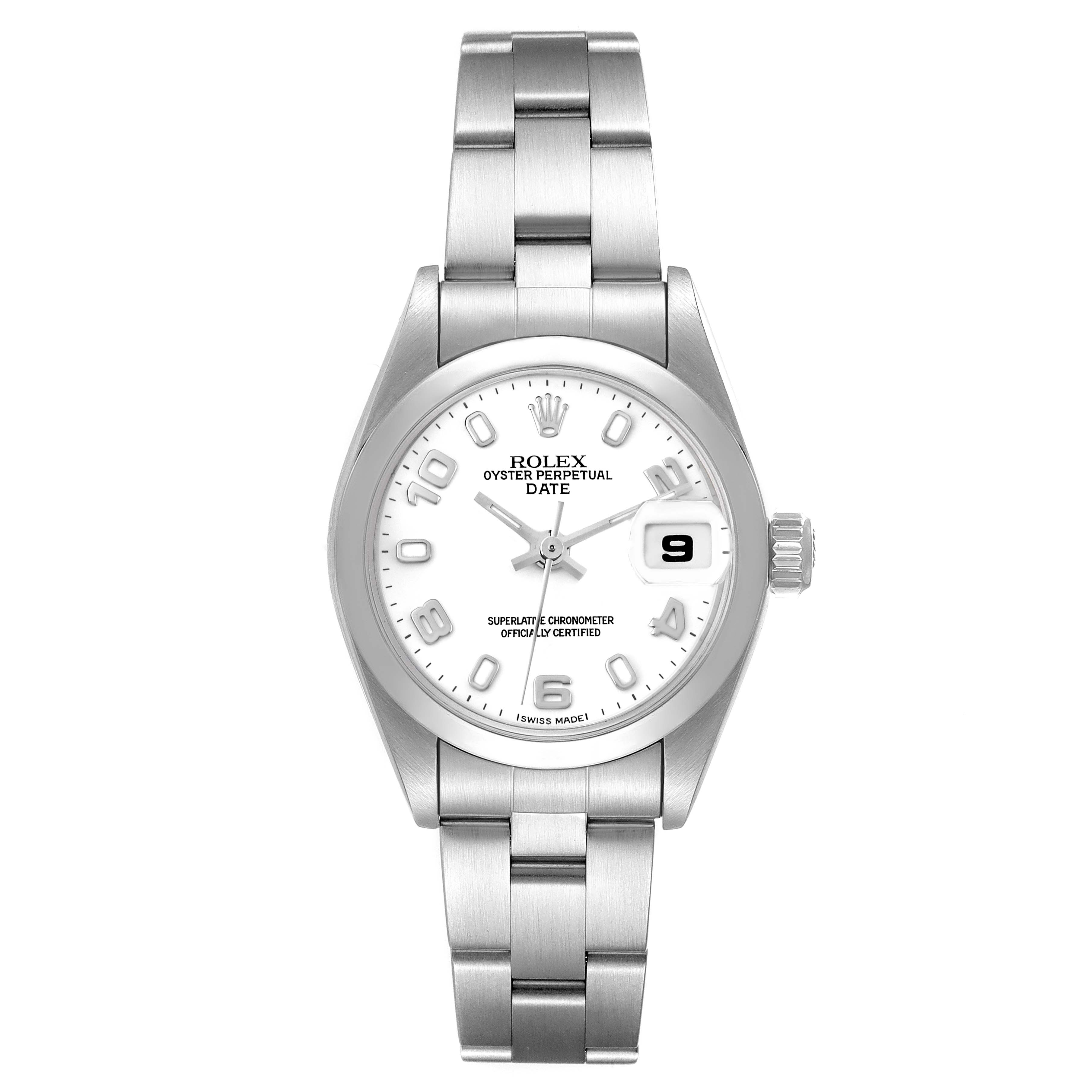 This image shows a front view of a Rolex Date 79160 Women
s Stainless Steel White Dial 79160 Women
s Stainless Steel White Dial model watch, displaying the dial, bezel, bracelet, crown, and date window.
