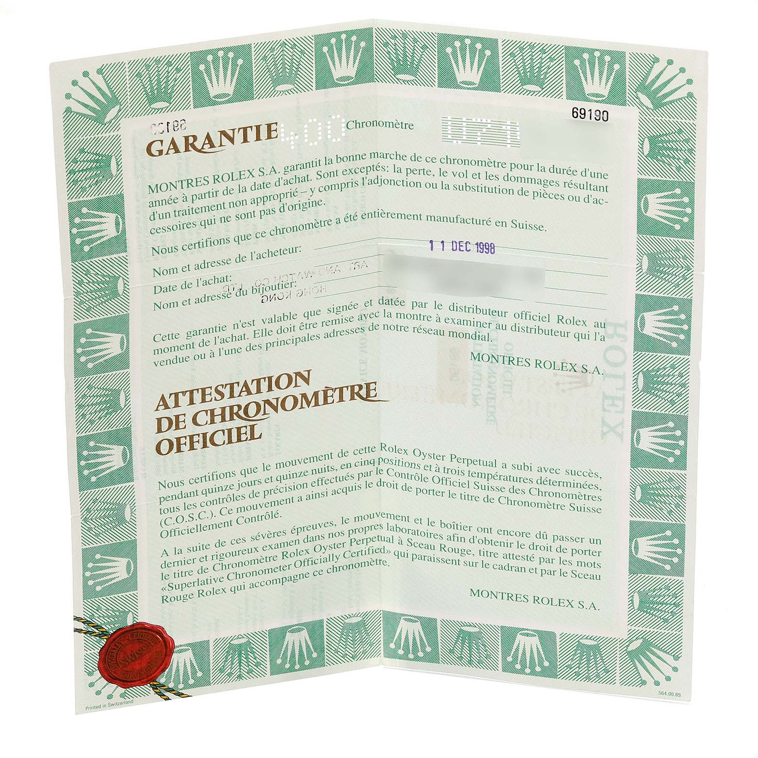 This is an unfolded warranty and chronometer certification document for a Rolex Date 69190 Women's Stainless Steel Silver Dial 69190 Women's Stainless Steel Silver Dial model watch.