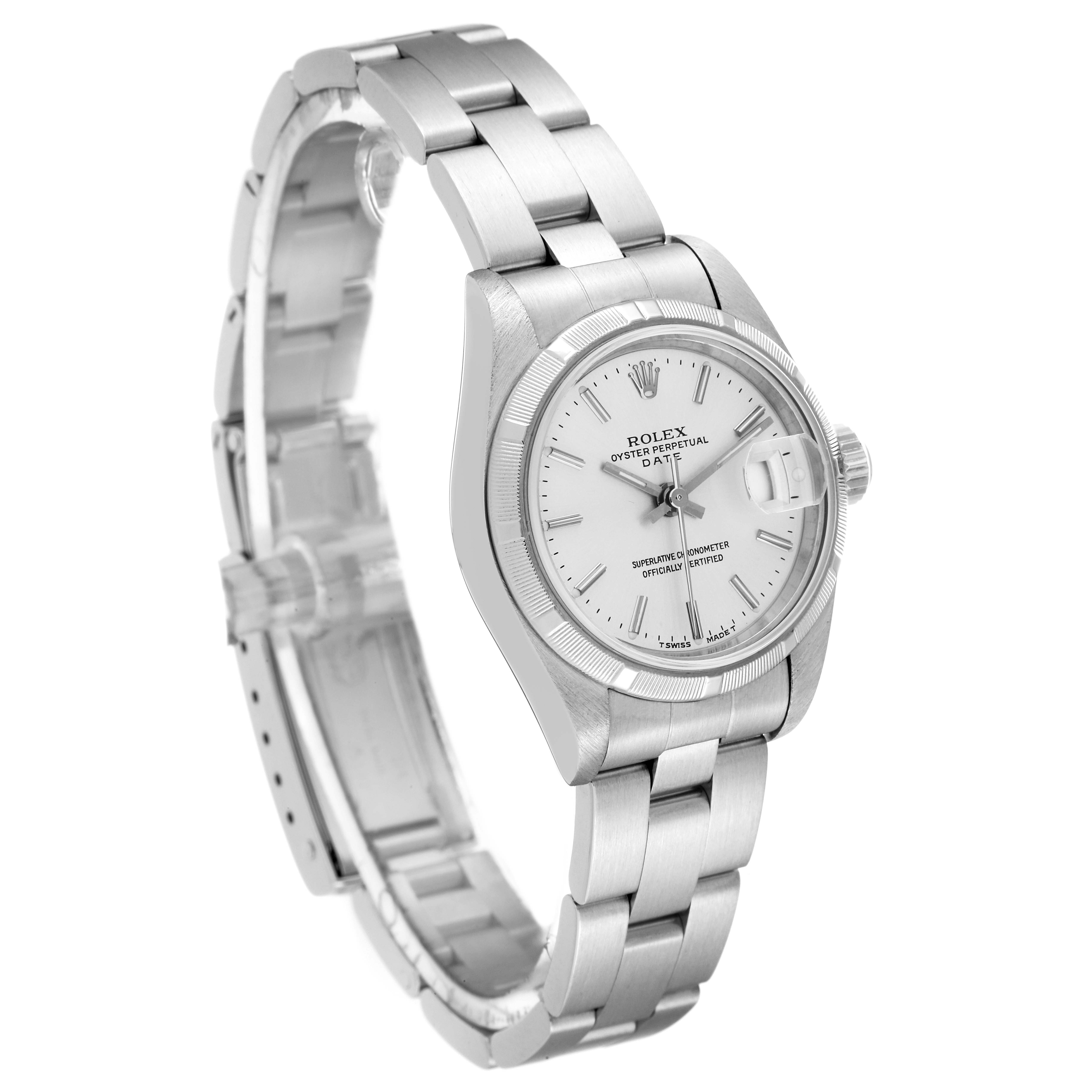 The image shows a Rolex Date 69190 Women's Stainless Steel Silver Dial 69190 Women's Stainless Steel Silver Dial model watch at an angled view, highlighting the face, bezel, and bracelet.