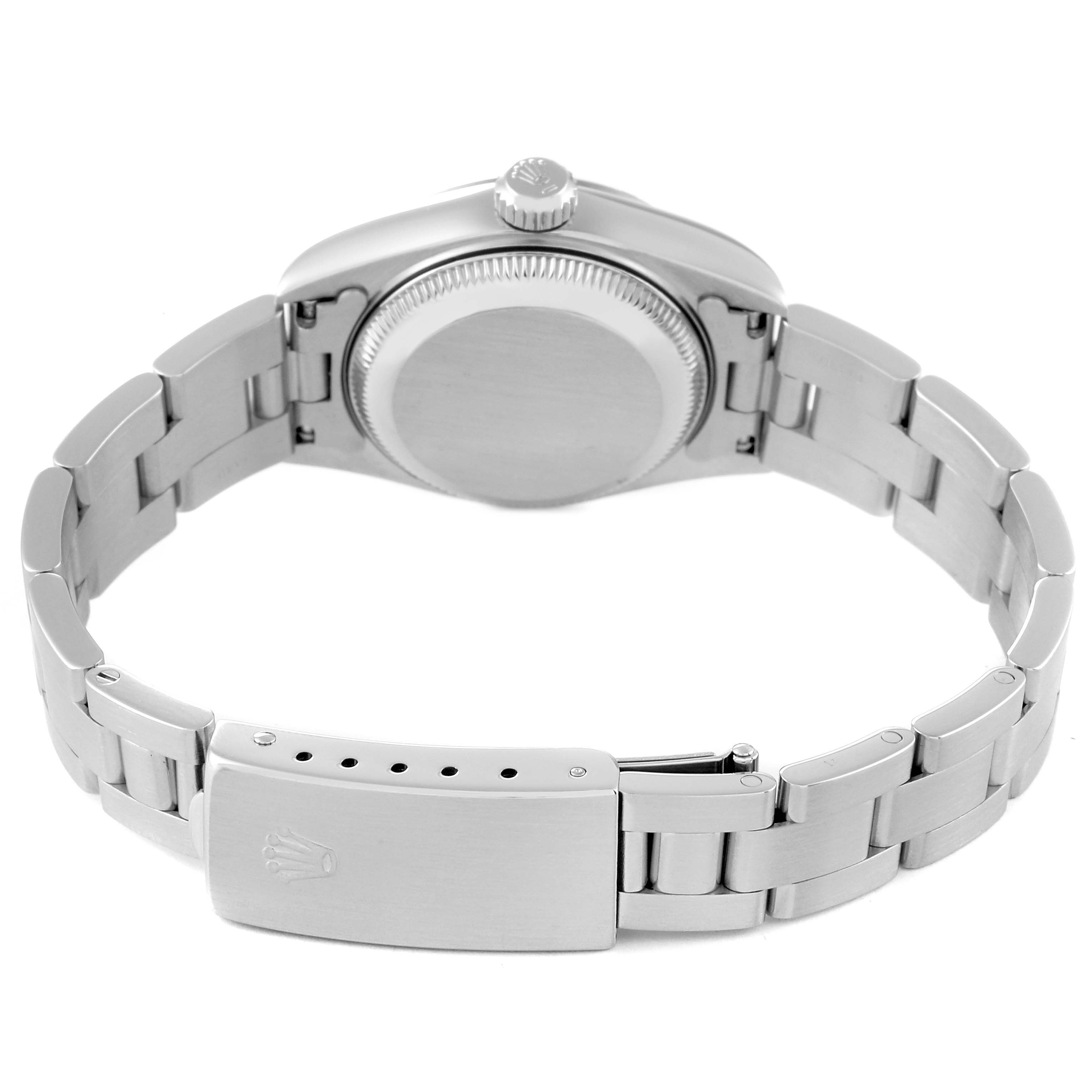 The image shows the back case and bracelet of a Rolex Date 69190 Women's Stainless Steel Silver Dial 69190 Women's Stainless Steel Silver Dial model watch, viewed from the rear.