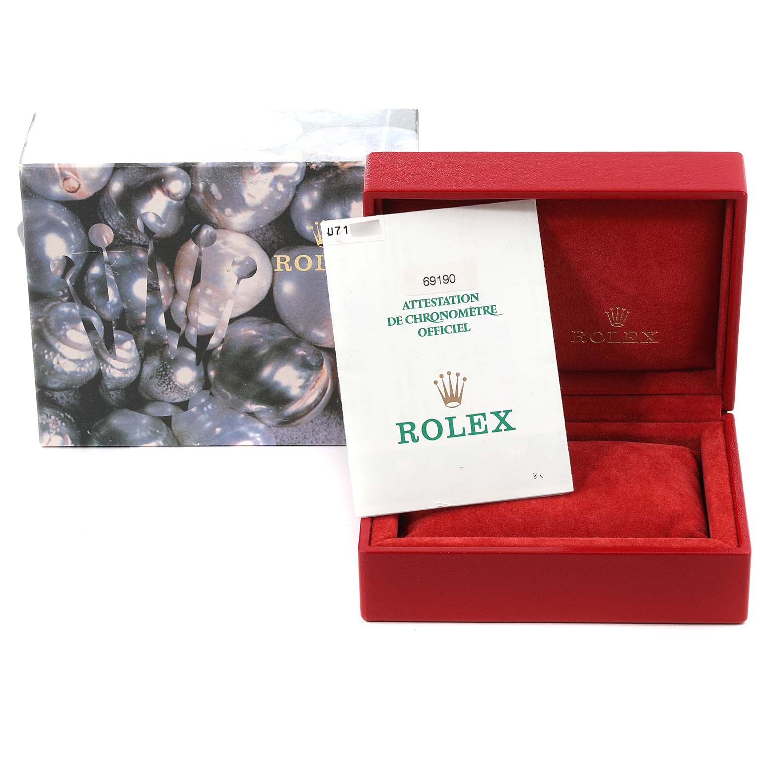 The image shows a Rolex Date 69190 Women's Stainless Steel Silver Dial 69190 Women's Stainless Steel Silver Dial model, including the watch box, outer packaging, and warranty certificate.