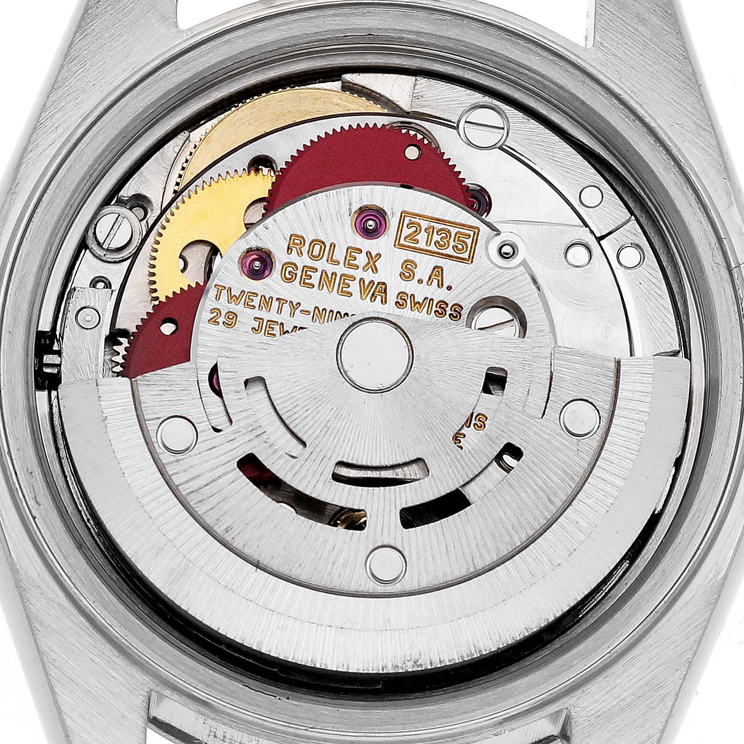 This image shows a close-up view of the movement and internal mechanism of a Rolex Date 69190 Women's Stainless Steel Silver Dial 69190 Women's Stainless Steel Silver Dial model watch.