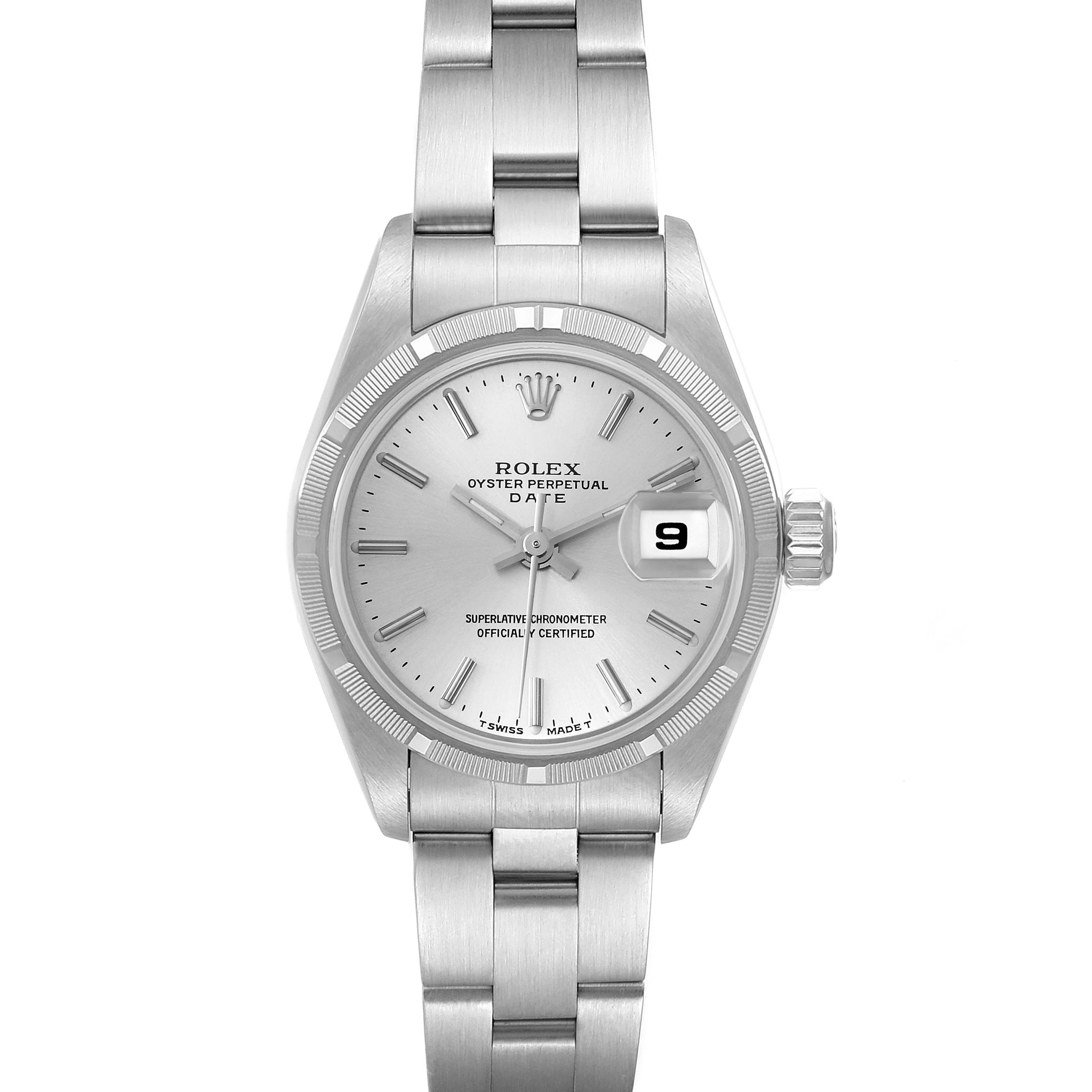 This is a front view of a Rolex Oyster Perpetual Date, displaying the dial and bracelet.