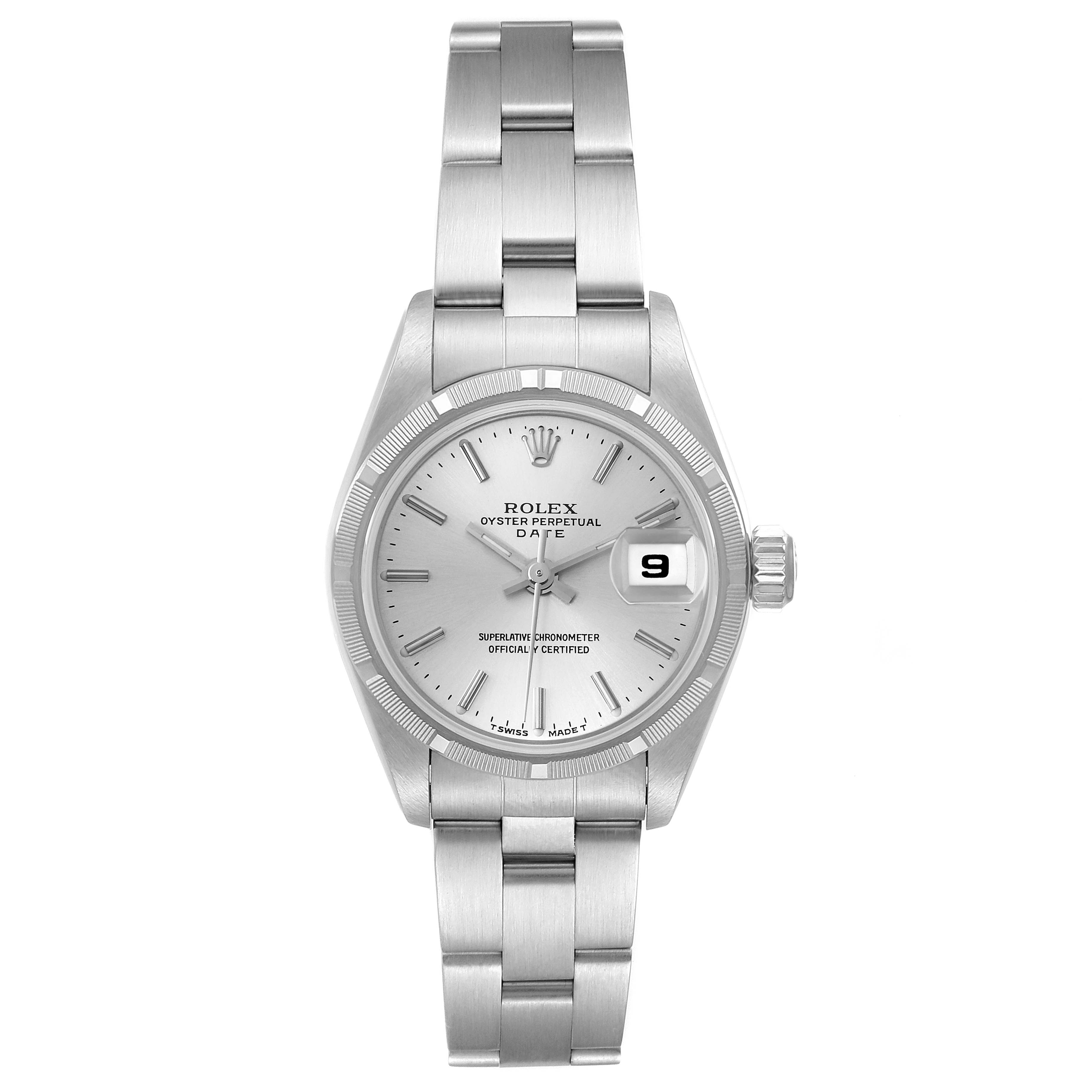 The image shows a front view of a Rolex Date 69190 Women's Stainless Steel Silver Dial 69190 Women's Stainless Steel Silver Dial model watch, highlighting the dial, bracelet, and date window.