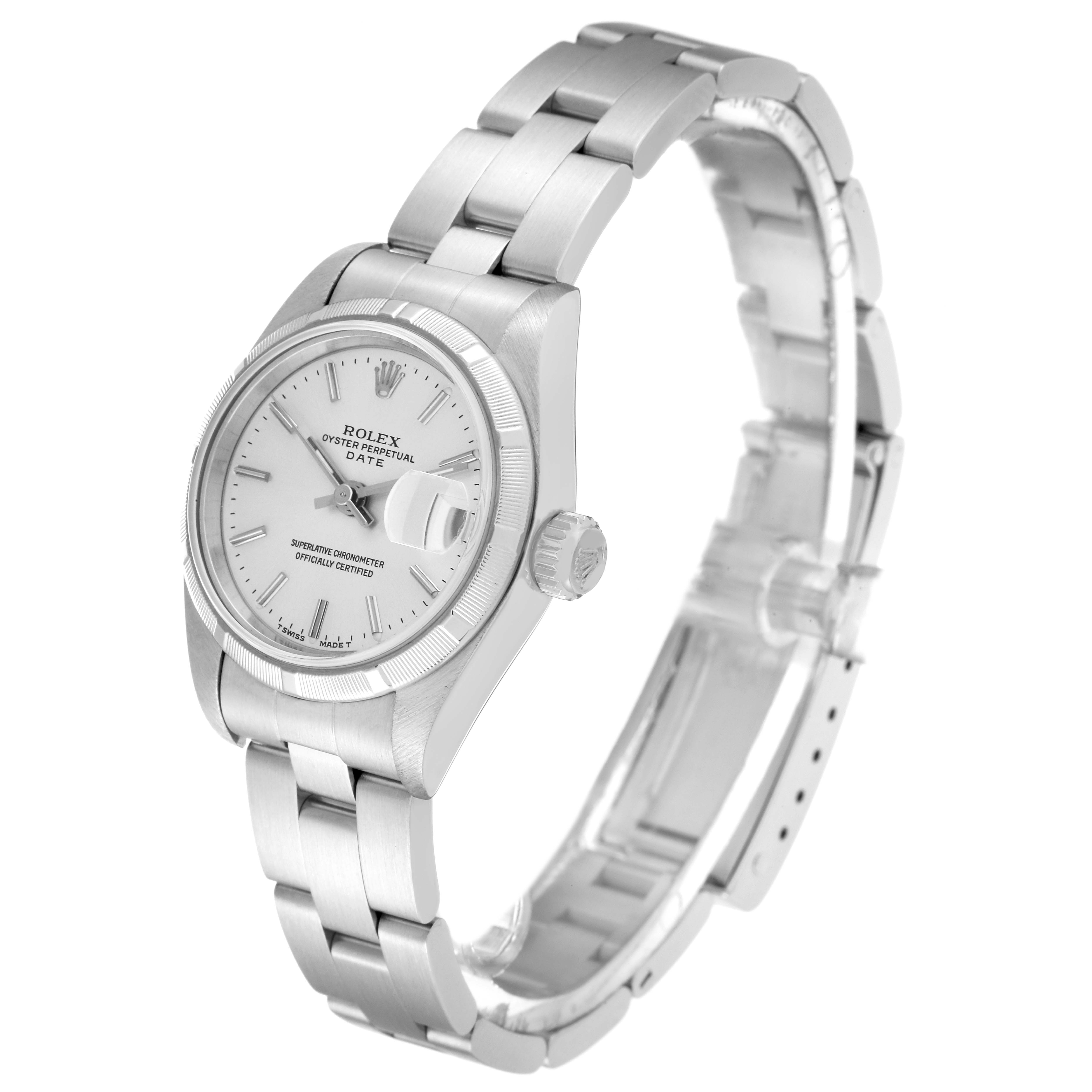 This image shows a side angle view of a Rolex Date 69190 Women's Stainless Steel Silver Dial 69190 Women's Stainless Steel Silver Dial model watch, highlighting the bracelet, crown, and watch face.