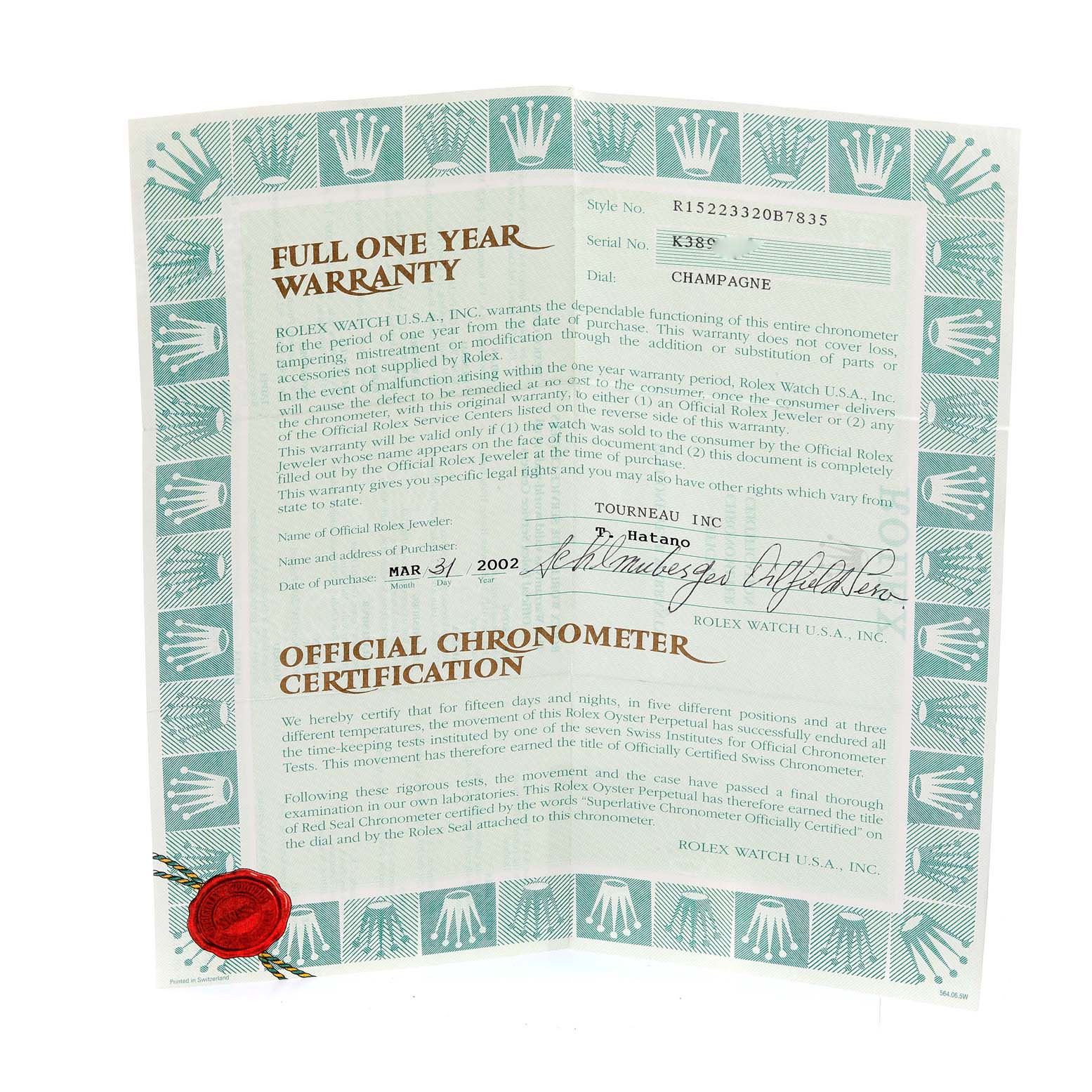 This image shows the warranty card and official chronometer certification for the Rolex Datejust 15223 Men's Steel and Gold (two tone) Champagne Dial 15223 Men's Steel and Gold (two tone) Champagne Dial model.