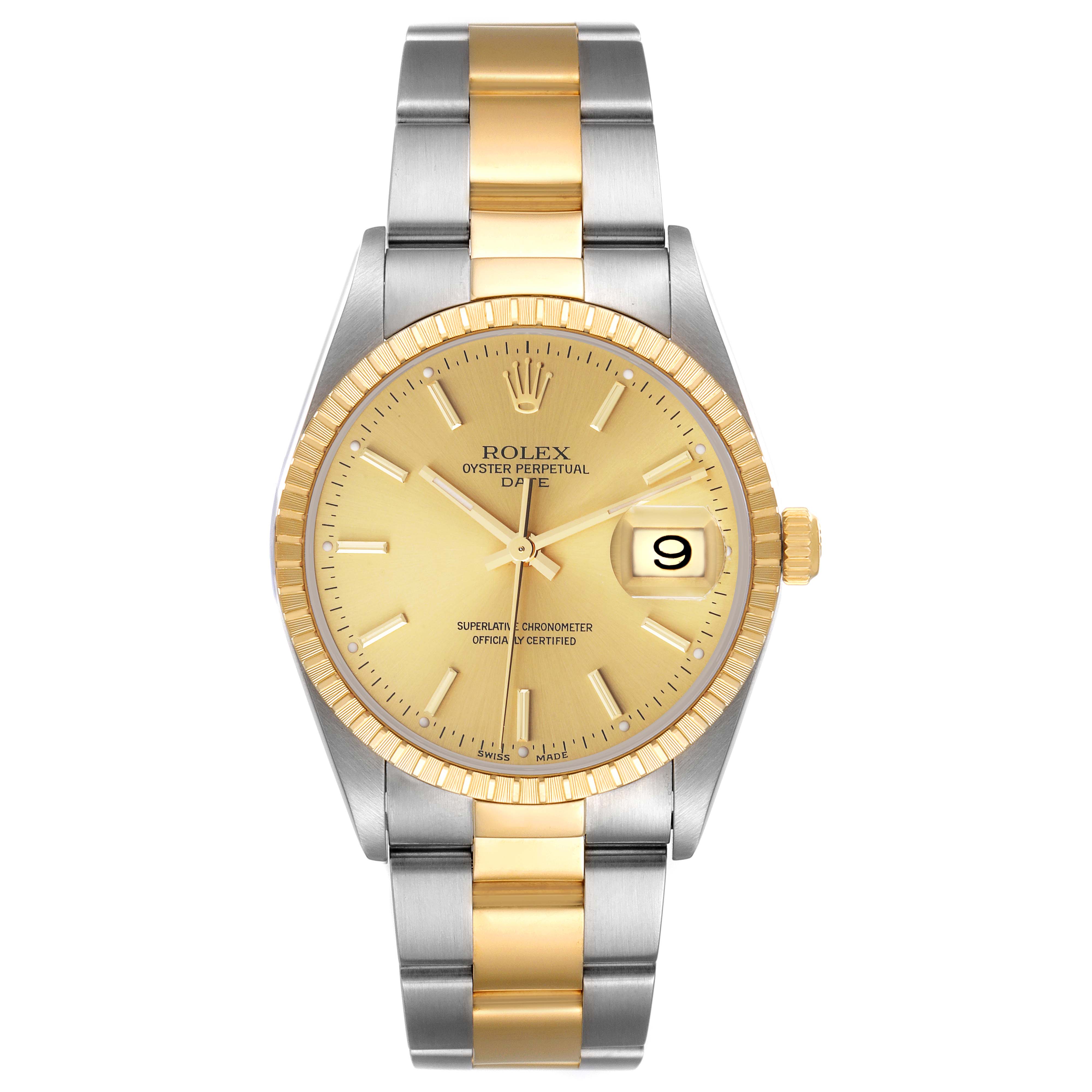 The image shows a frontal view of a Rolex Datejust 15223 Men's Steel and Gold (two tone) Champagne Dial 15223 Men's Steel and Gold (two tone) Champagne Dial watch, highlighting its gold and silver strap, gold dial, and date function.