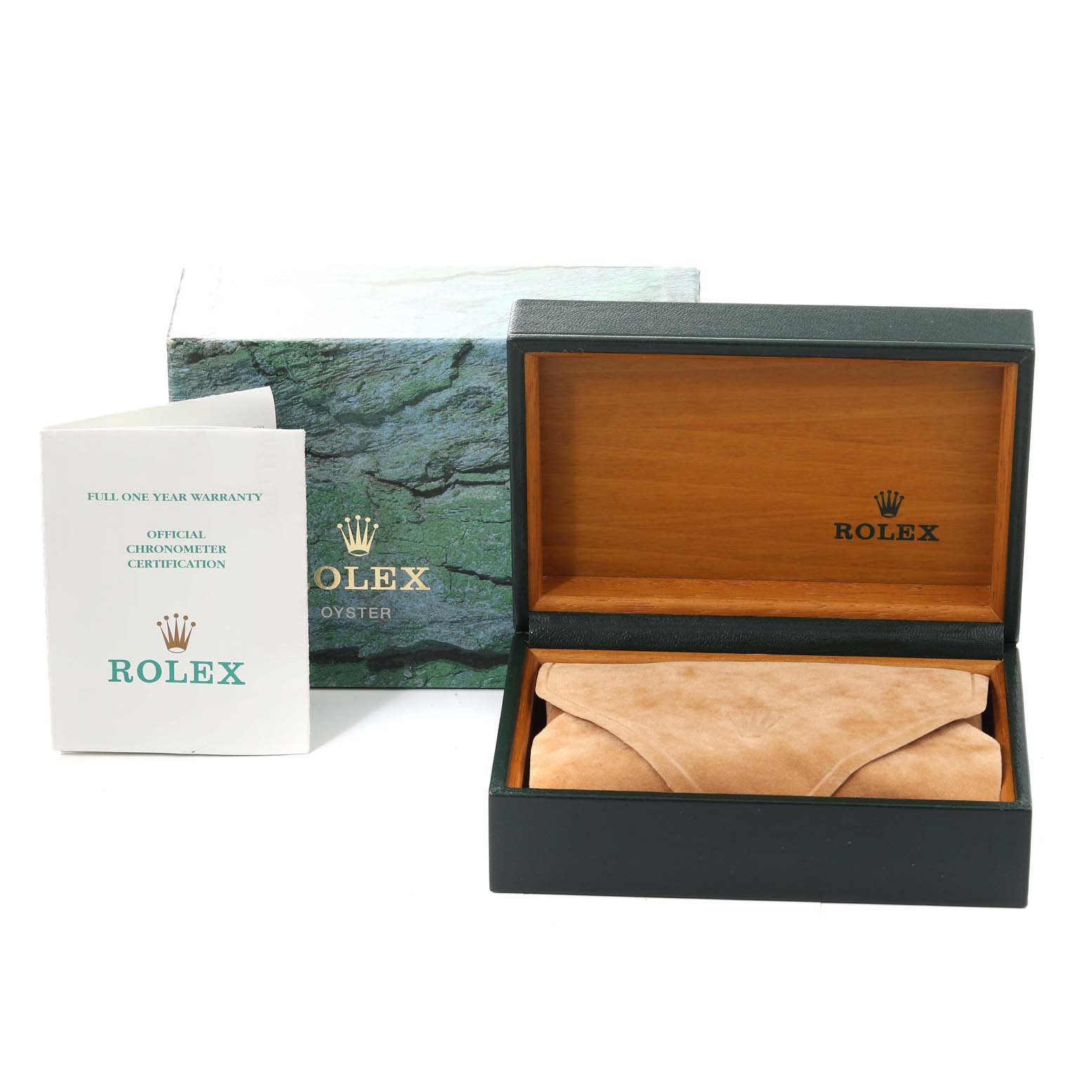The image shows the packaging box, warranty card, and presentation case for a Rolex Datejust 15223 Men's Steel and Gold (two tone) Champagne Dial 15223 Men's Steel and Gold (two tone) Champagne Dial model watch.