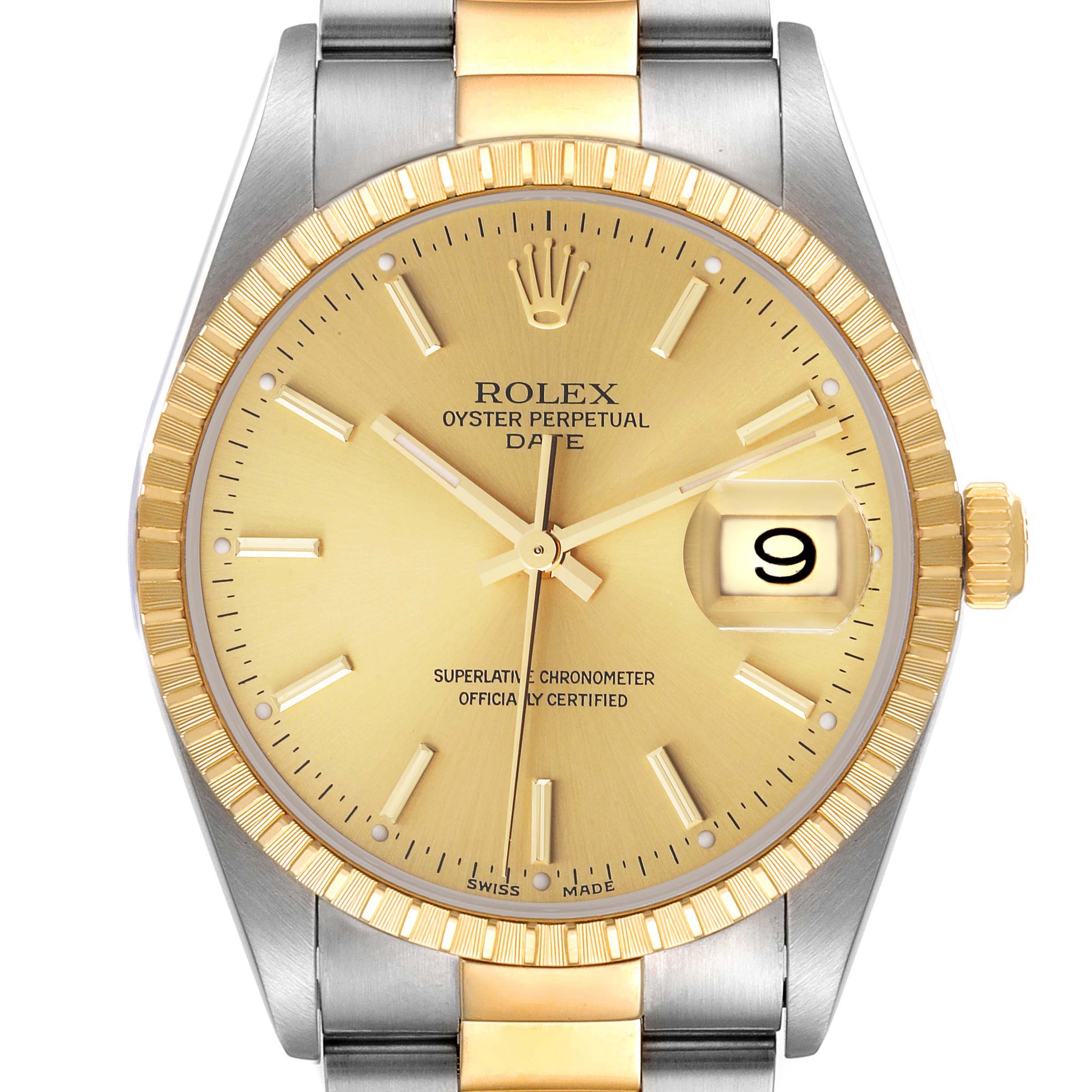 The Rolex Datejust 15223 Men's Steel and Gold (two tone) Champagne Dial 15223 Men's Steel and Gold (two tone) Champagne Dial watch is shown from a front angle, featuring a gold dial, date window, and two-tone bracelet.