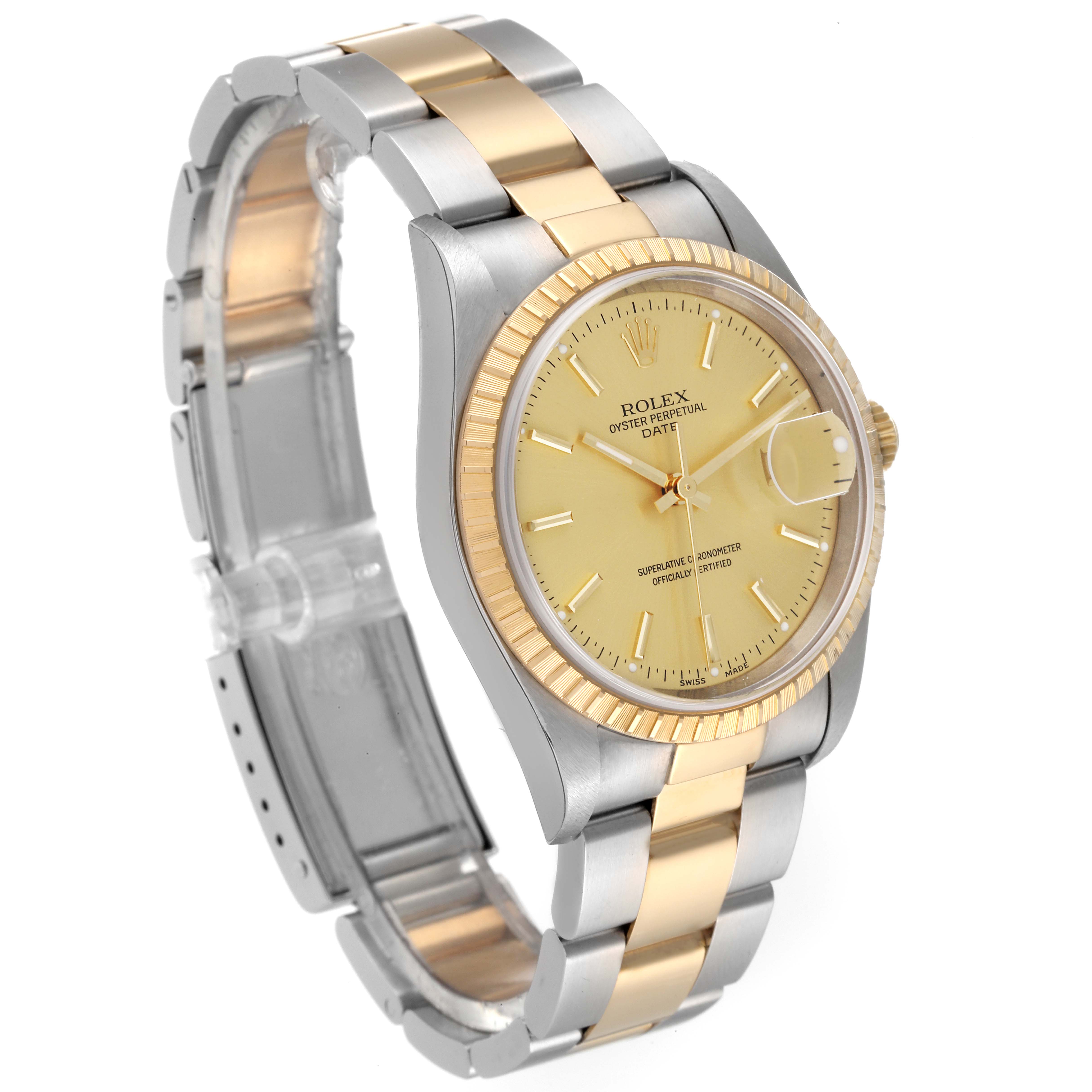The image shows a Rolex Datejust 15223 Men's Steel and Gold (two tone) Champagne Dial 15223 Men's Steel and Gold (two tone) Champagne Dial watch at a three-quarter angle, highlighting its two-tone bracelet and gold dial.