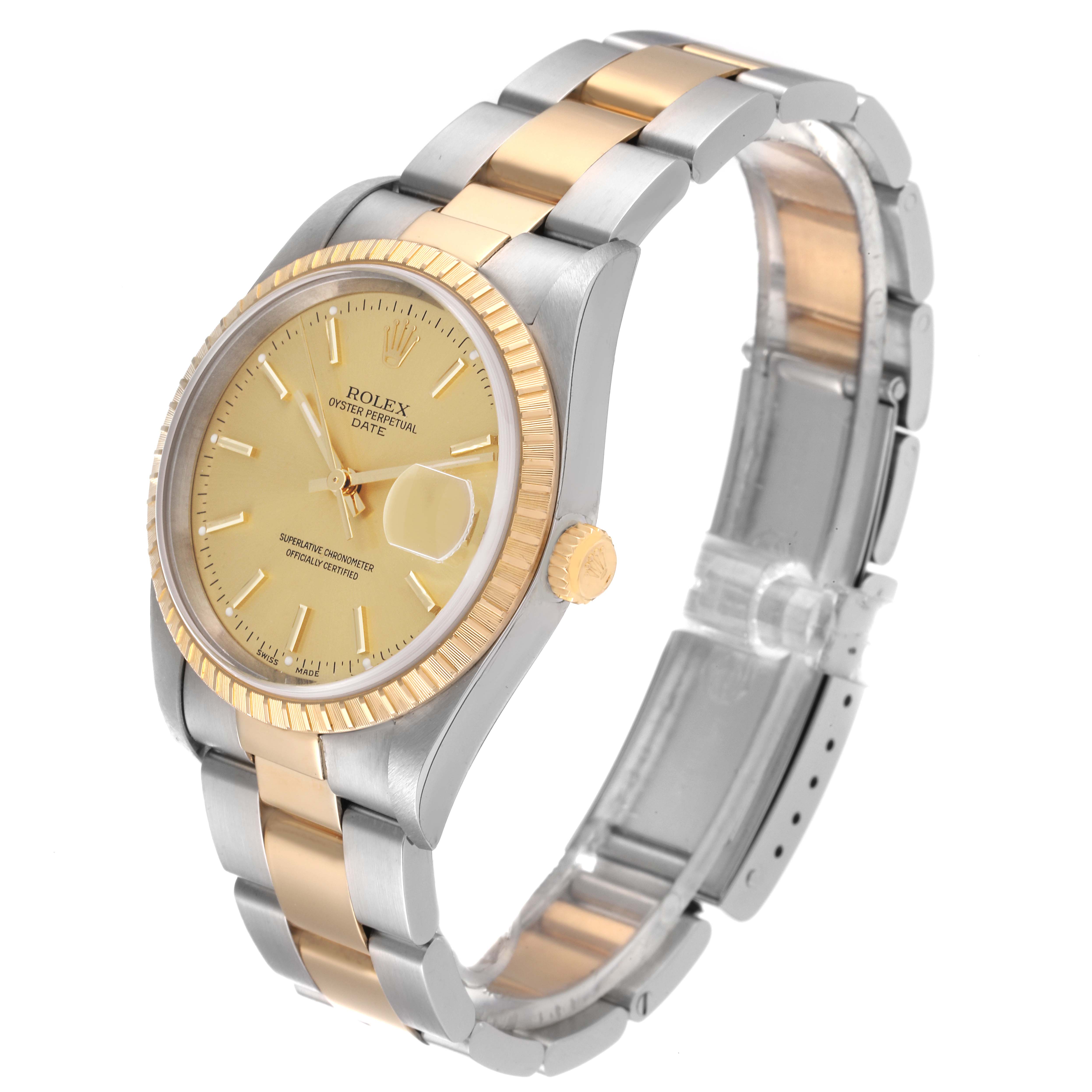The Rolex Datejust 15223 Men's Steel and Gold (two tone) Champagne Dial 15223 Men's Steel and Gold (two tone) Champagne Dial watch is shown at a slight angle, displaying the face, bezel, and bracelet.