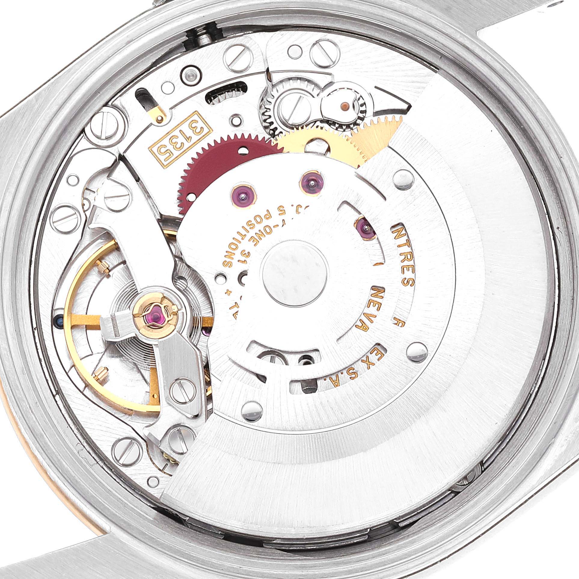 This is a macro shot of the open back of a Rolex Datejust 15223 Men's Steel and Gold (two tone) Champagne Dial 15223 Men's Steel and Gold (two tone) Champagne Dial showing its intricate mechanical movement.