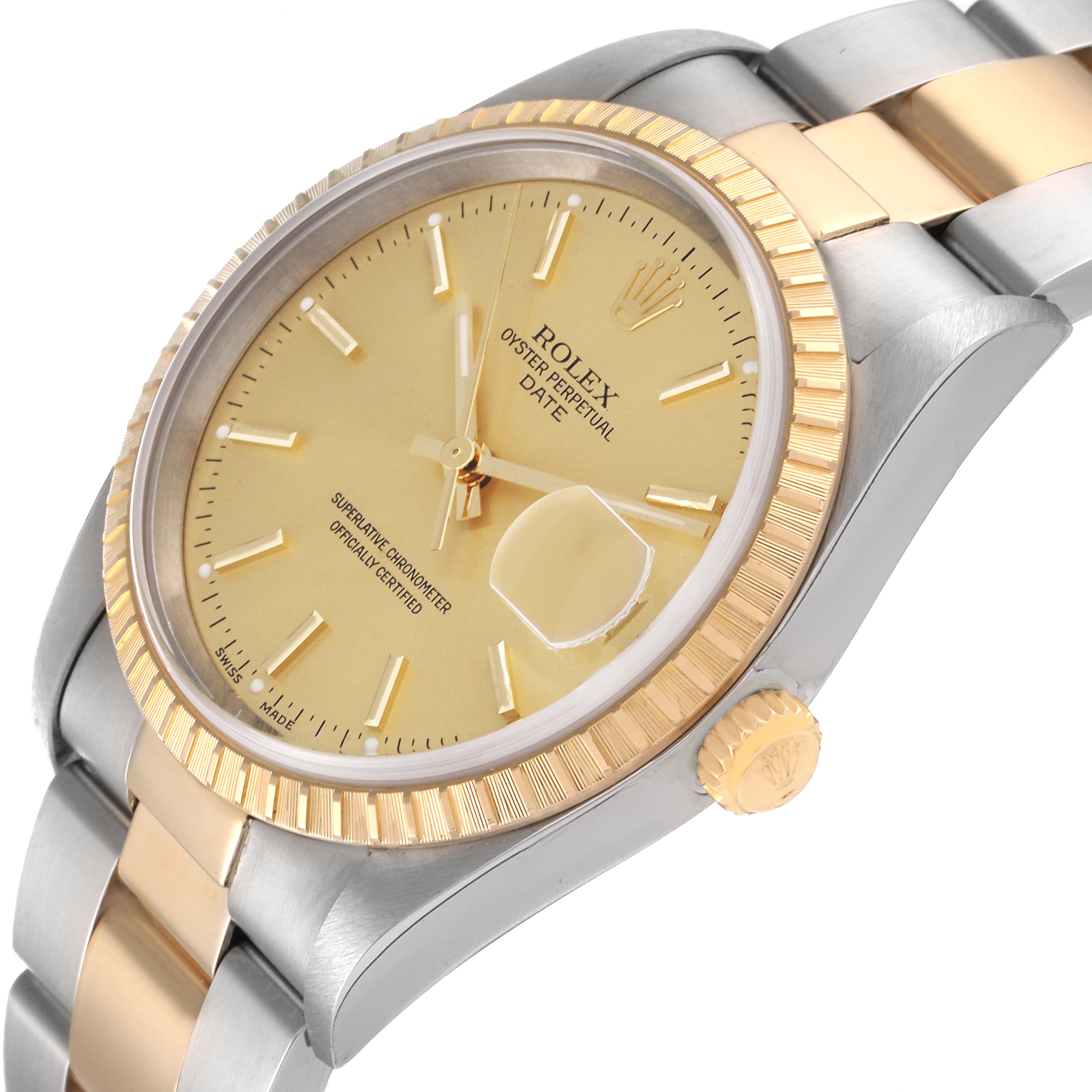 The image shows a close-up angled view of the Rolex Datejust 15223 Men's Steel and Gold (two tone) Champagne Dial 15223 Men's Steel and Gold (two tone) Champagne Dial watch, highlighting its two-tone bracelet, bezel, dial, and crown.