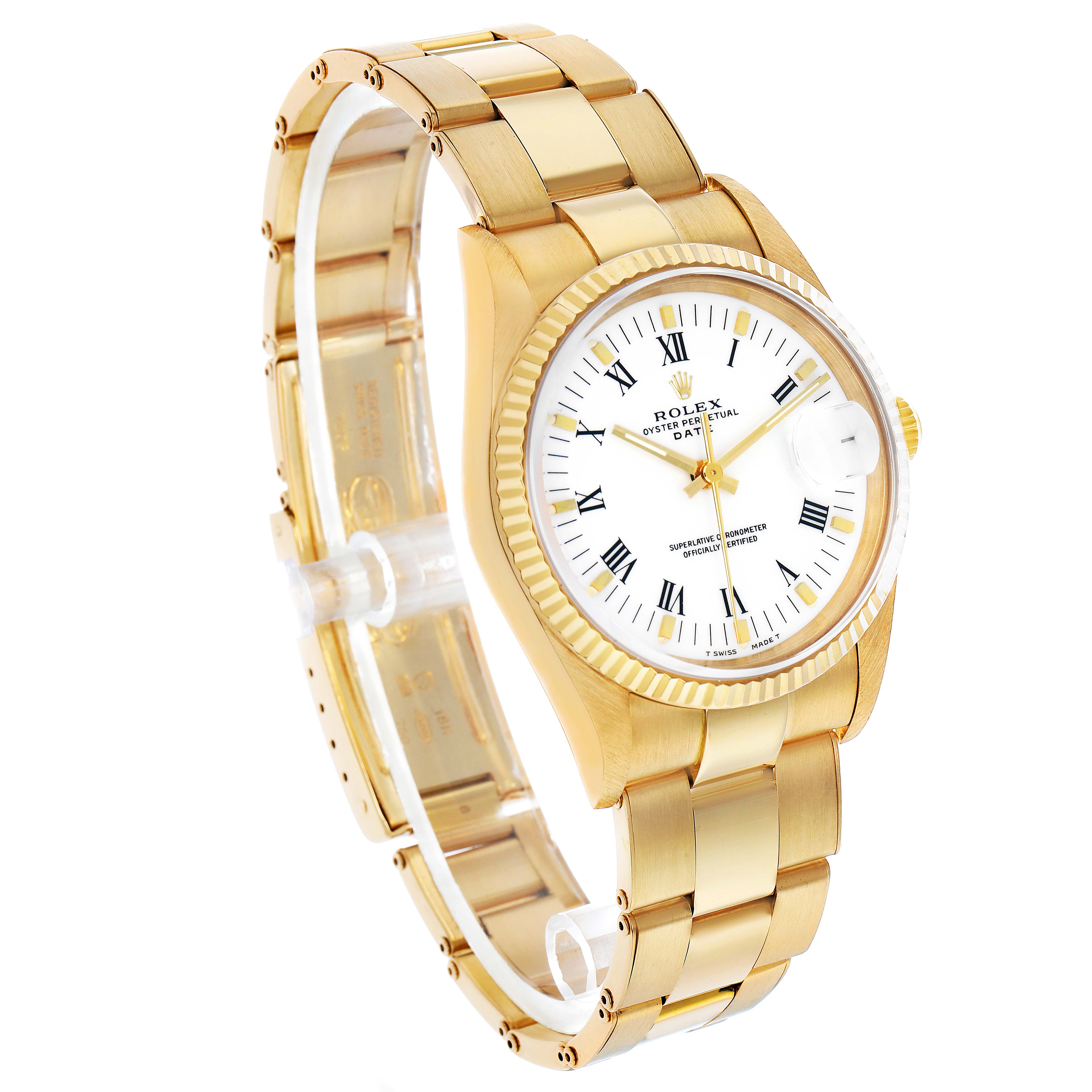 The Rolex Date 15238 Men's Yellow Gold White Dial watch is shown at a three-quarter angle highlighting the face, bezel, and part of the bracelet.