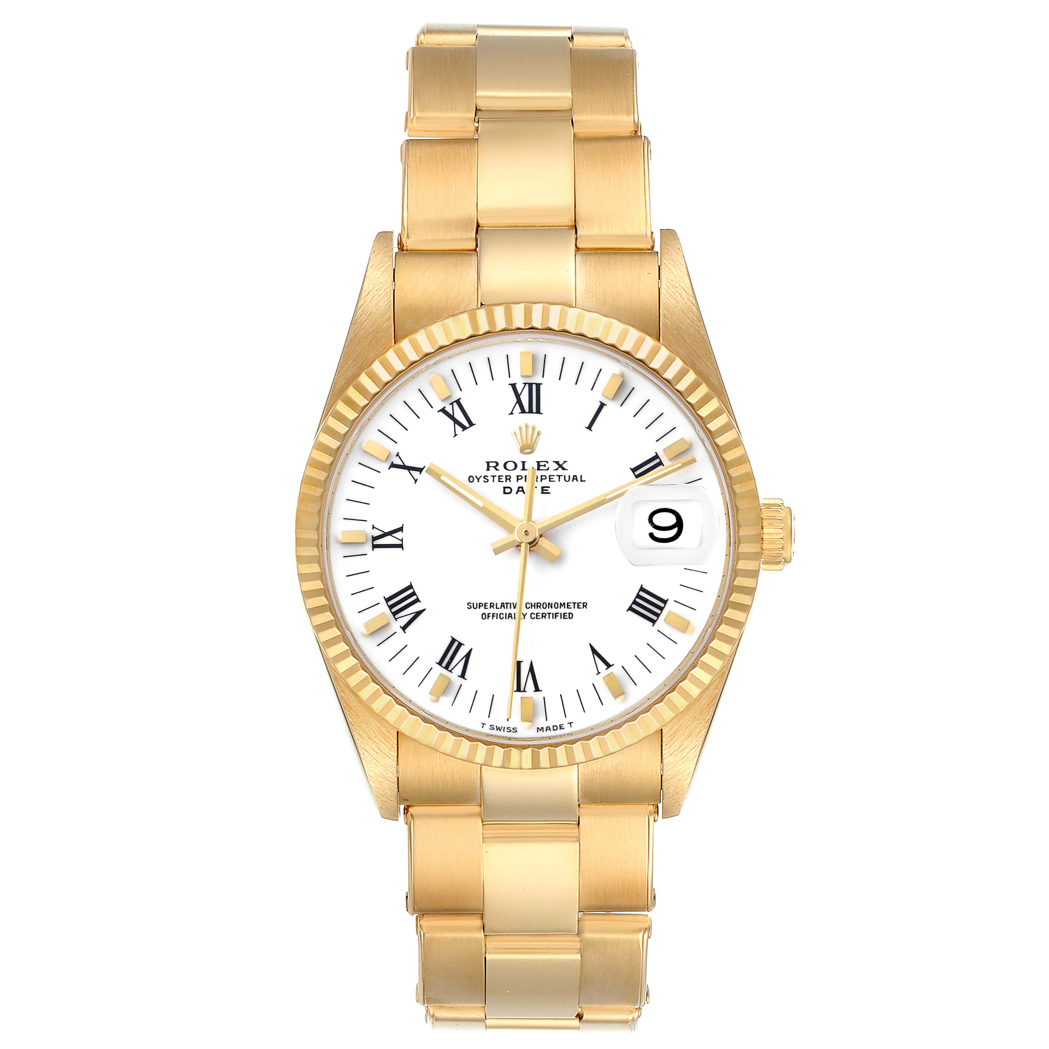 The Rolex Date 15238 Men's Yellow Gold White Dial model is shown from a frontal angle, highlighting its gold bracelet, fluted bezel, and white dial with Roman numerals.
