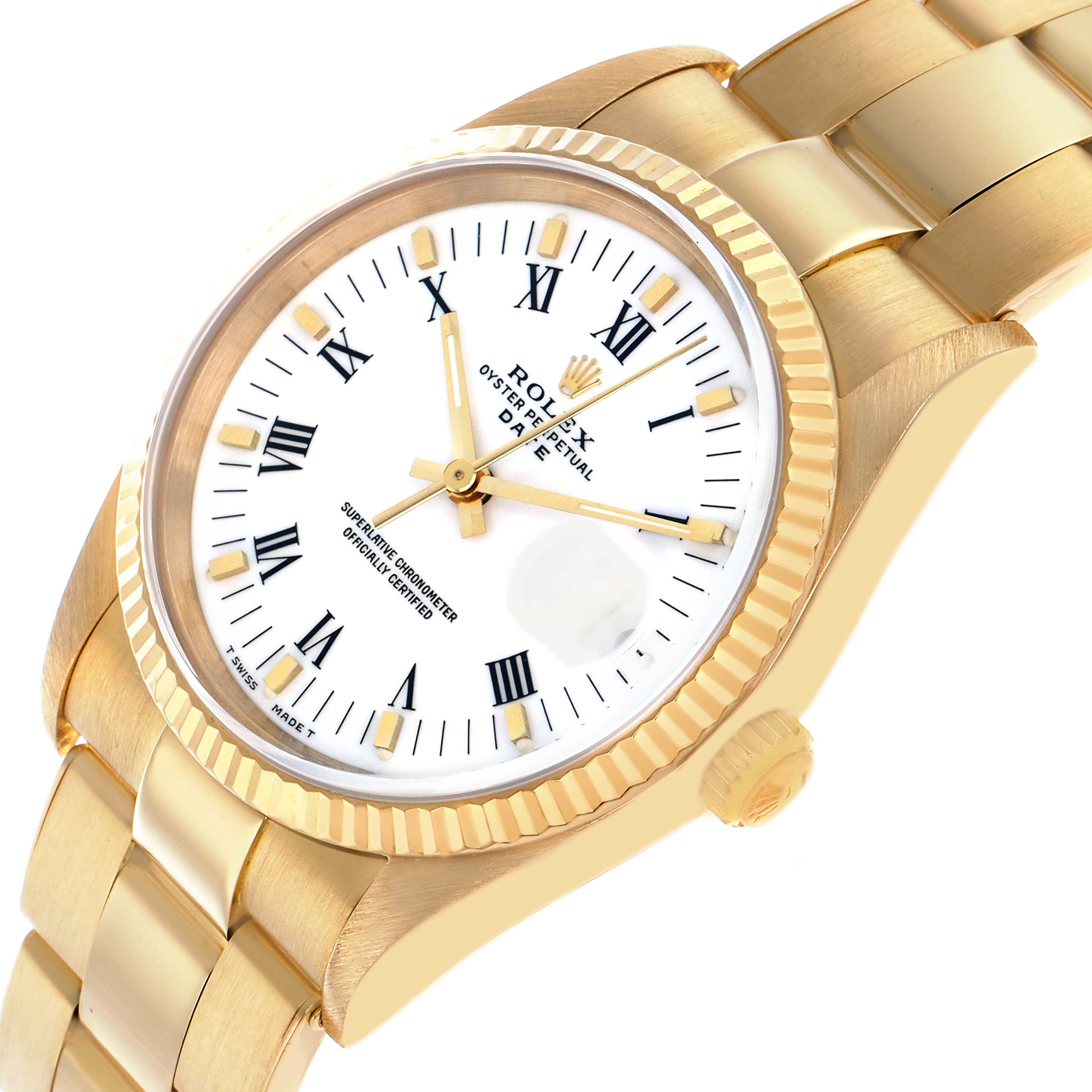The image shows a close-up angled view of the Rolex Date 15238 Men's Yellow Gold White Dial watch, highlighting the dial, bezel, crown, and bracelet.