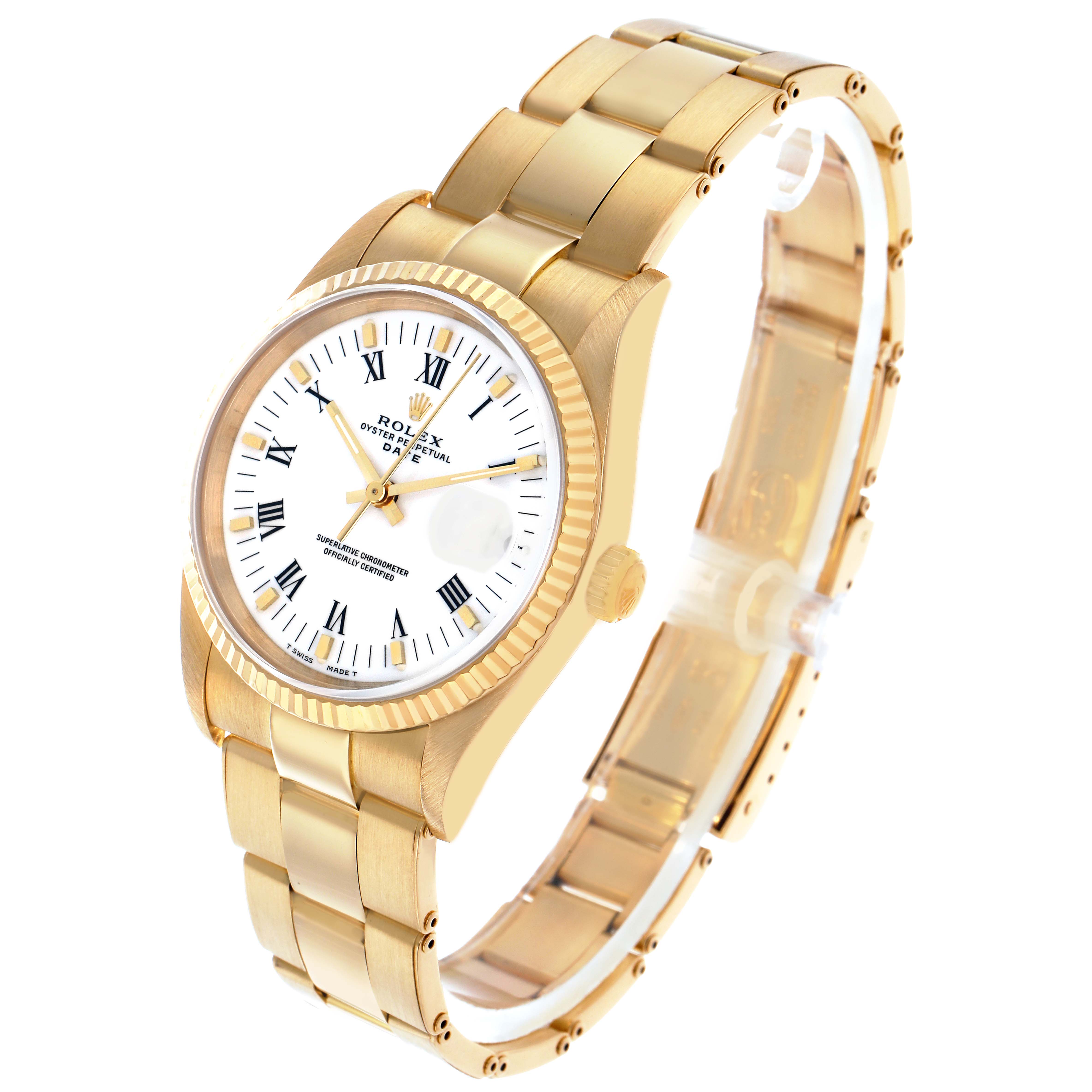 The Rolex Date 15238 Men's Yellow Gold White Dial watch is shown at a slight angle displaying its face, bezel, crown, and gold bracelet.