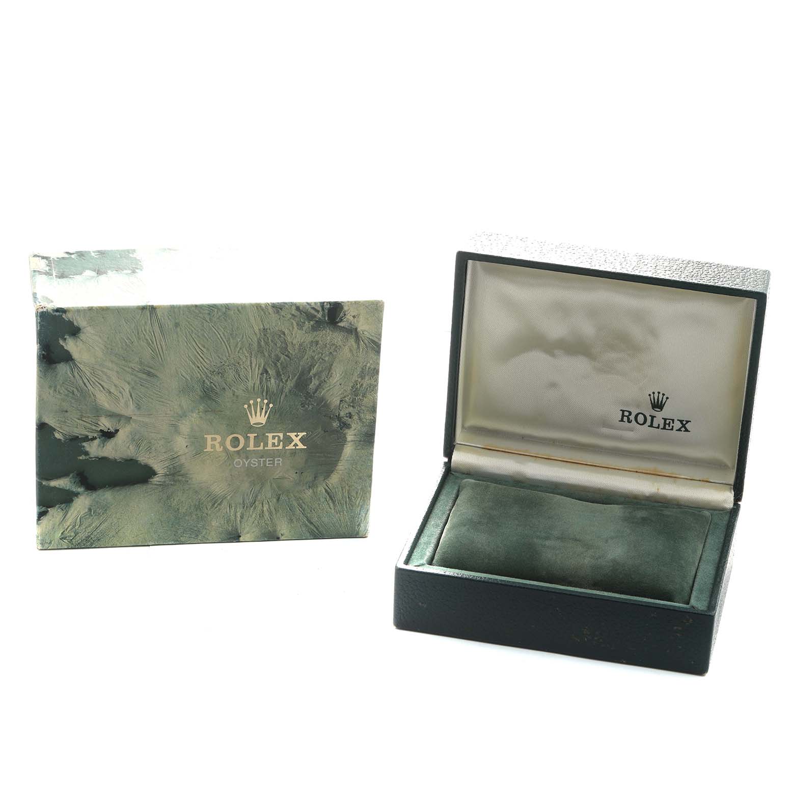 The image shows a Rolex Date 15238 Men's Yellow Gold White Dial model watch box and a booklet, both displaying the Rolex brand logo.