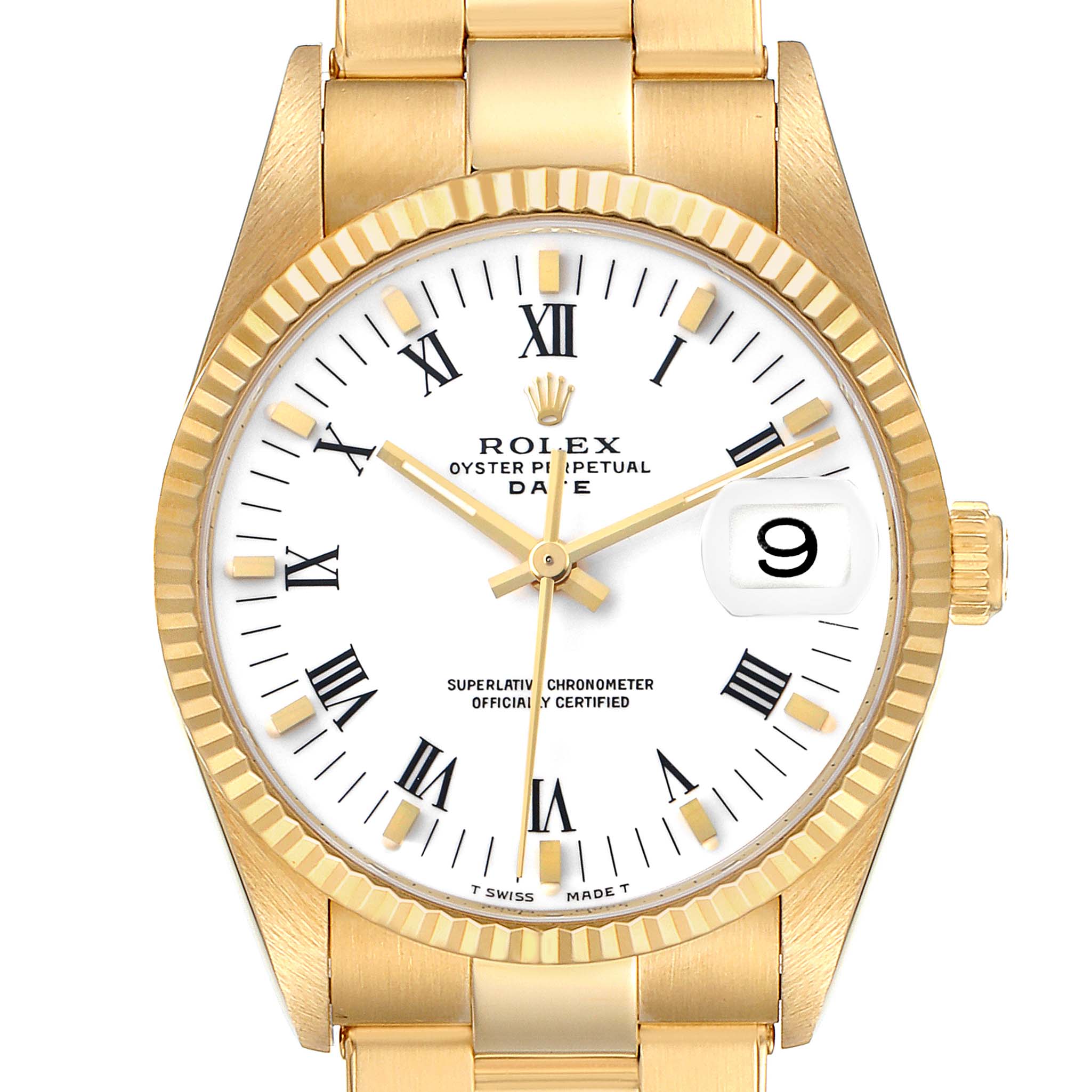 The image shows a Rolex Date 15238 Men's Yellow Gold White Dial watch from a front angle, displaying its white dial, Roman numerals, fluted bezel, and gold bracelet.