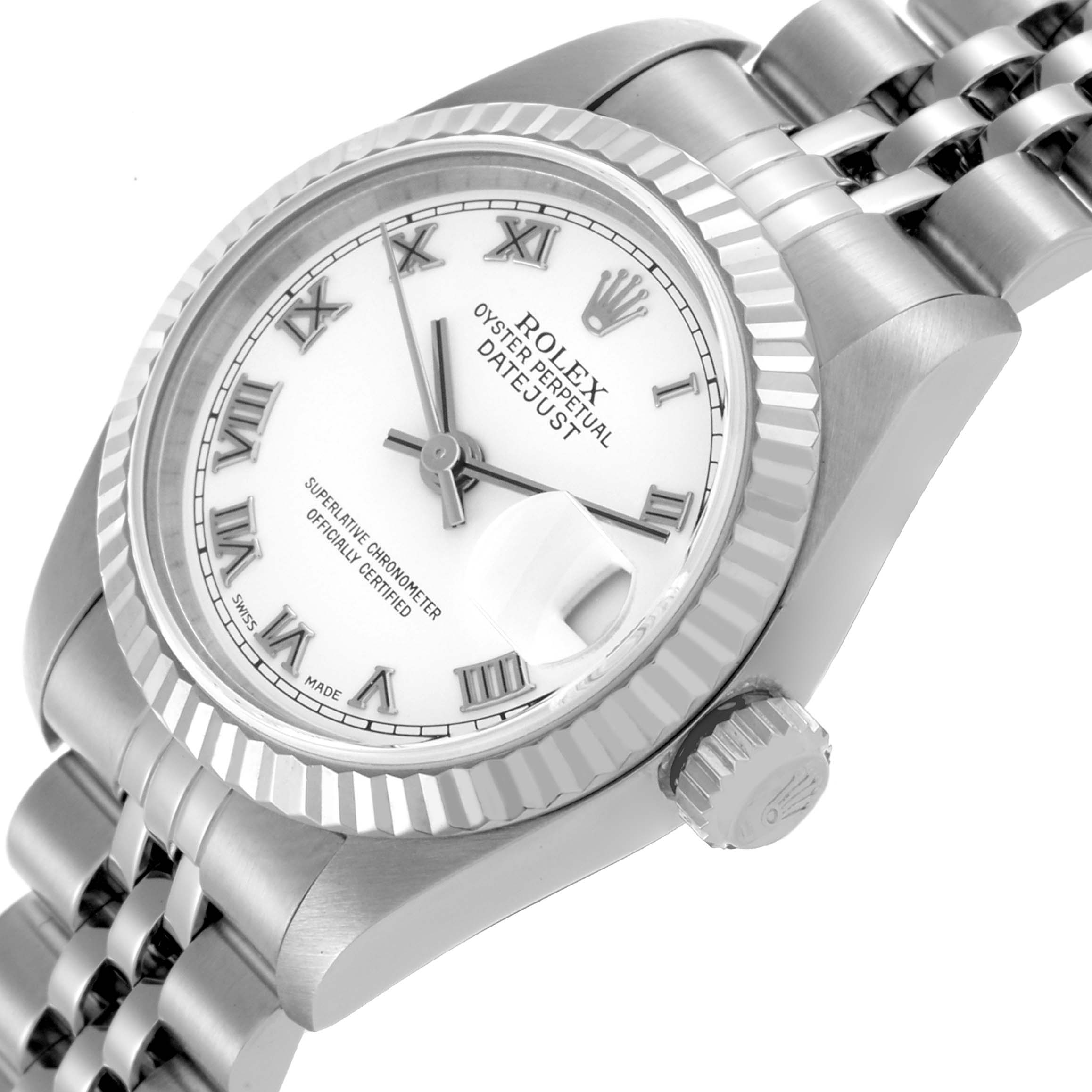 The Rolex Datejust 79174 Women's Stainless Steel White Dial 79174 Women's Stainless Steel White Dial watch is shown at a slight left-side angle, featuring the dial, bezel, crown, and bracelet.