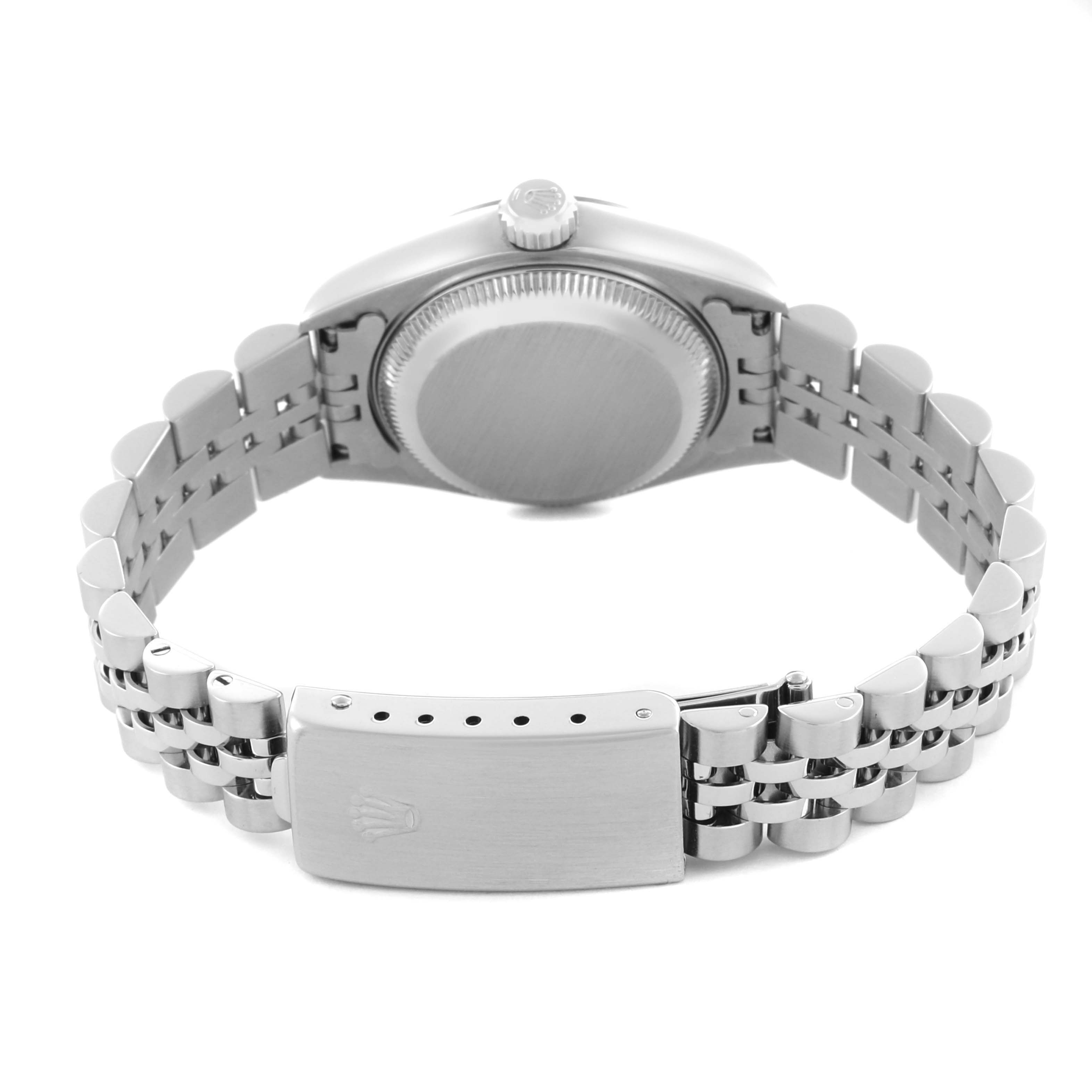 The image shows the back view of a Rolex Datejust 79174 Women's Stainless Steel White Dial 79174 Women's Stainless Steel White Dial, highlighting the case back and bracelet clasp.