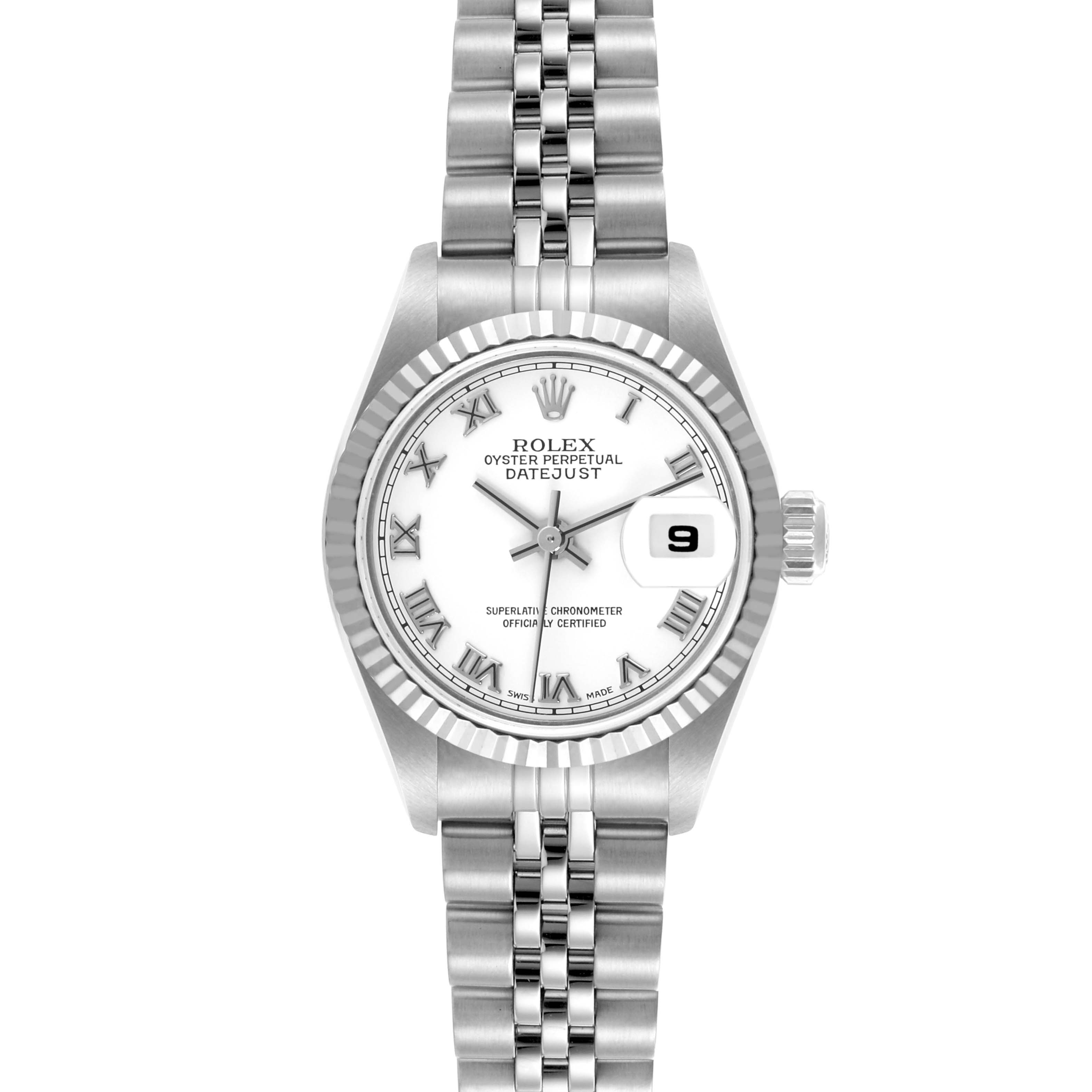 The image shows a frontal view of the Rolex Datejust 79174 Women's Stainless Steel White Dial 79174 Women's Stainless Steel White Dial watch, highlighting the face, bezel, and bracelet.