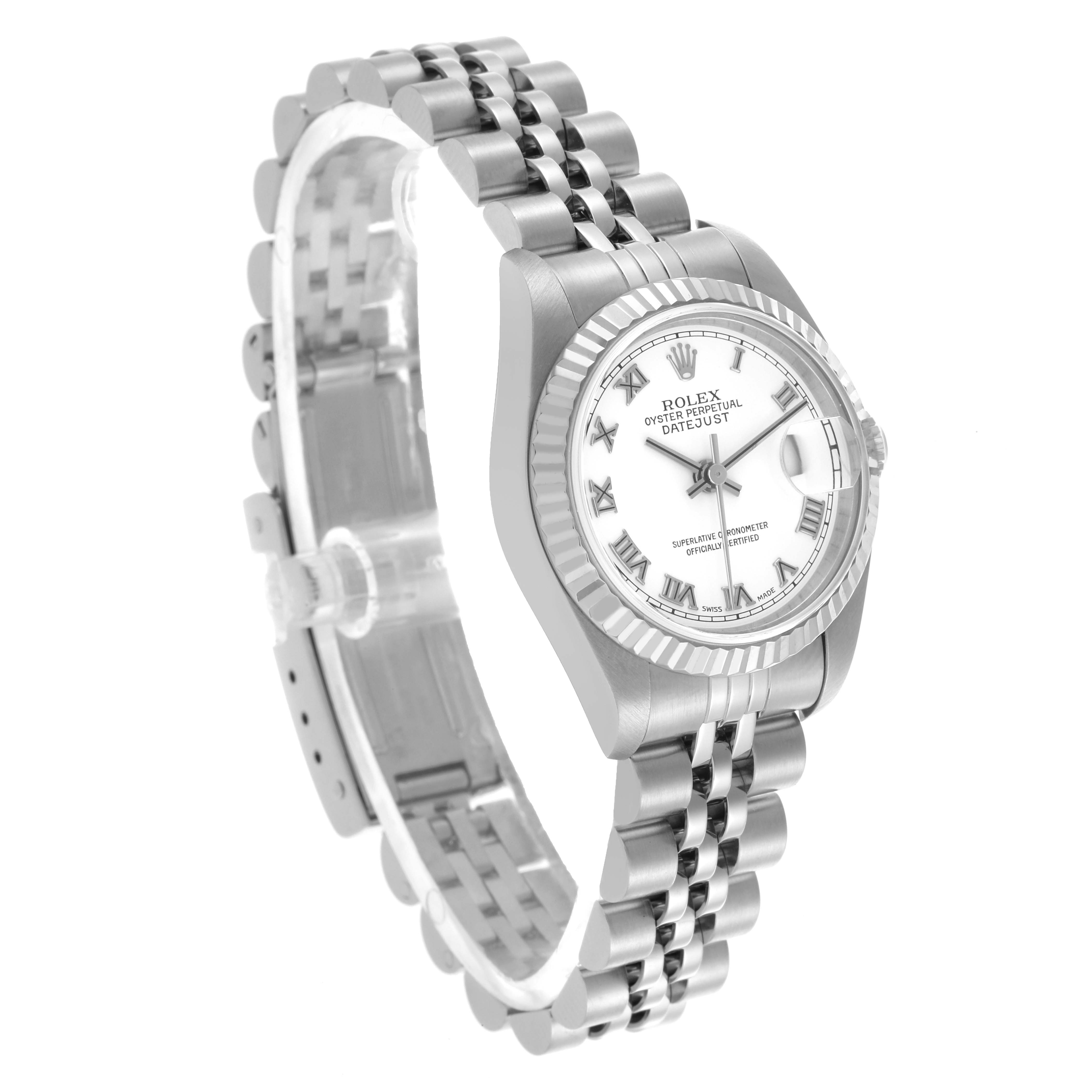 The Rolex Datejust 79174 Women's Stainless Steel White Dial 79174 Women's Stainless Steel White Dial watch is shown at a three-quarter angle, featuring the dial, bezel, crown, and bracelet.