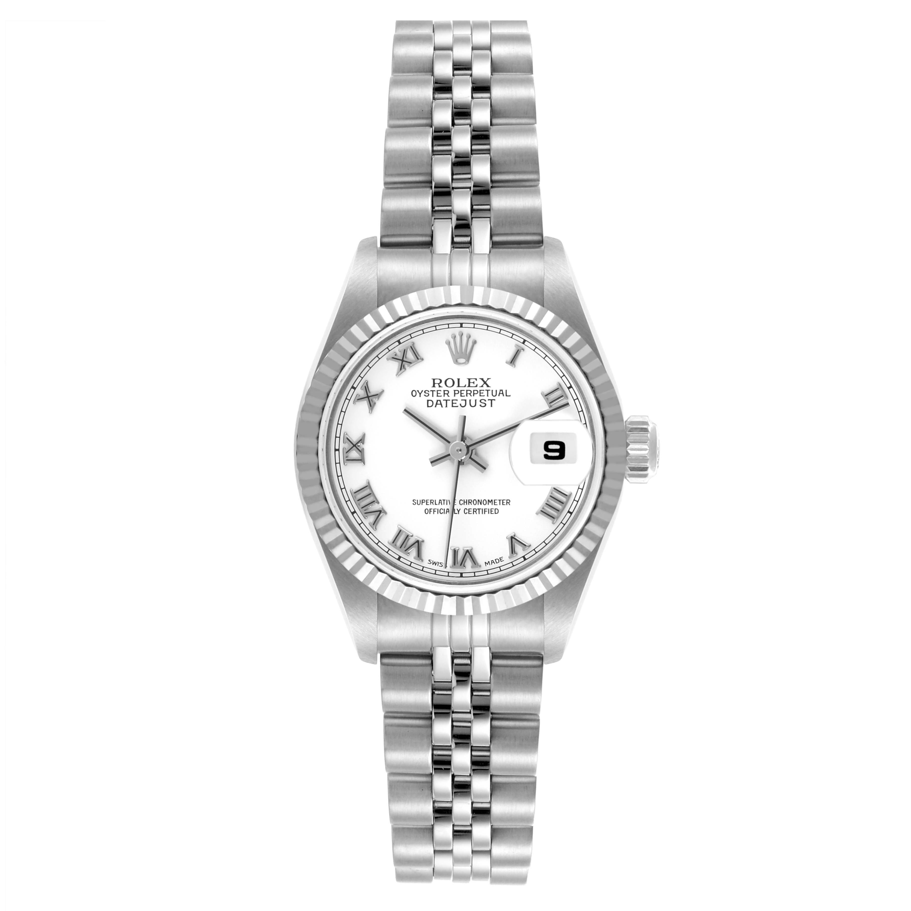 The Rolex Datejust 79174 Women's Stainless Steel White Dial 79174 Women's Stainless Steel White Dial watch is shown from a top view, highlighting the face, bezel, and bracelet.