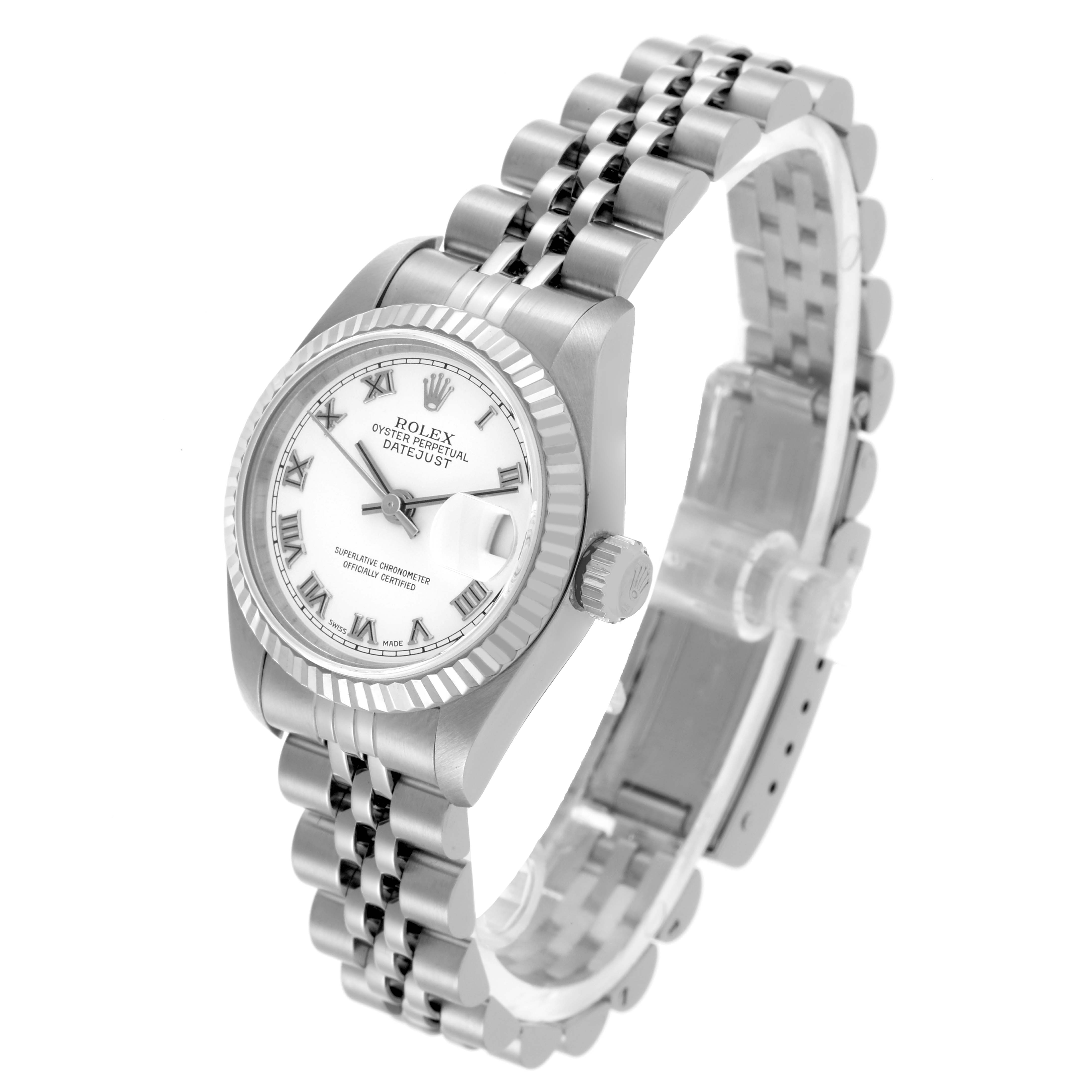 The Rolex Datejust 79174 Women's Stainless Steel White Dial 79174 Women's Stainless Steel White Dial is shown at a three-quarter angle, displaying the face, bezel, crown, and part of the bracelet.