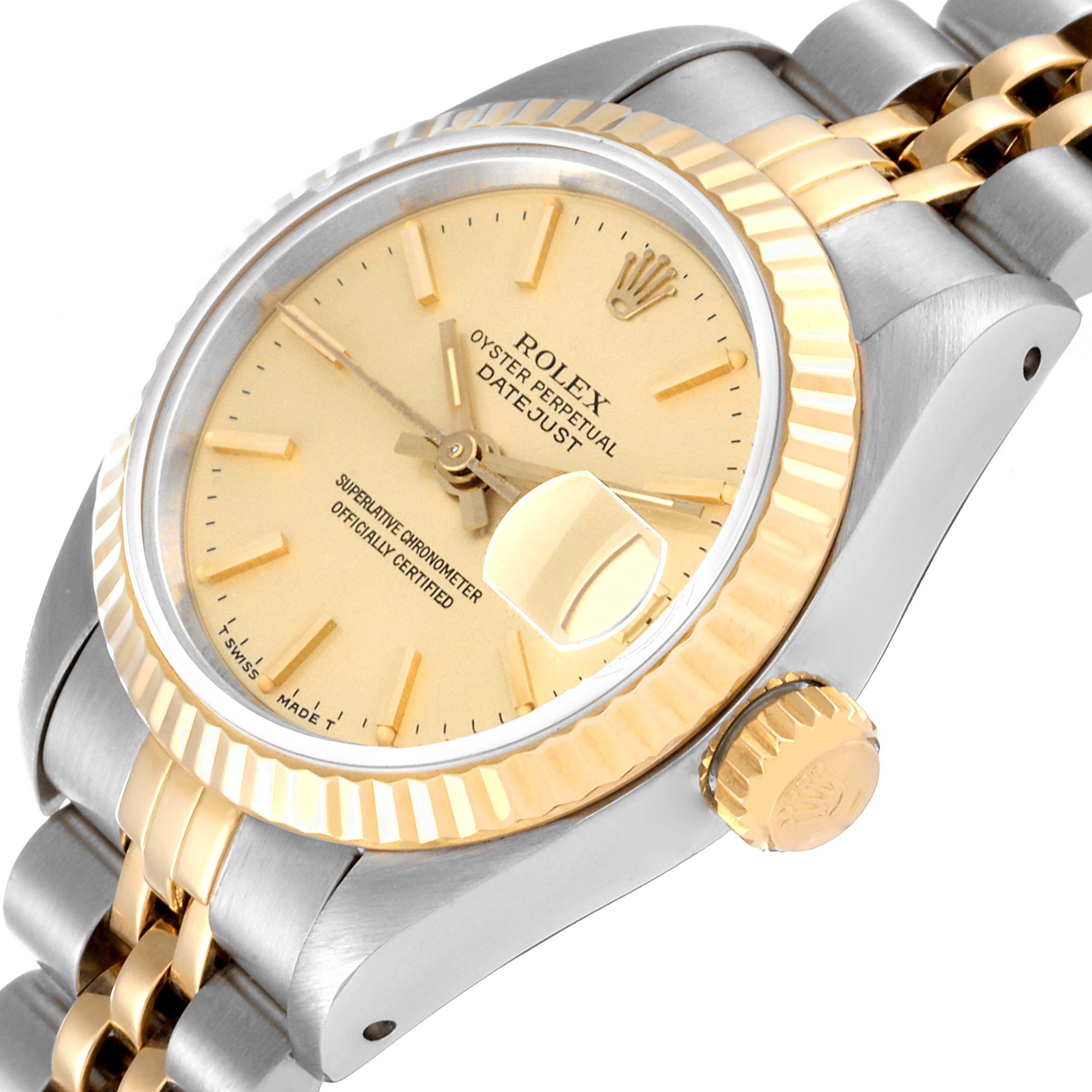 The image shows a close-up angled view of a Rolex Datejust 69173 Women's Steel and Gold (two tone) Champagne Dial 69173 Women's Steel and Gold (two tone) Champagne Dial watch face, bezel, and part of the band, highlighting the date magnifier.